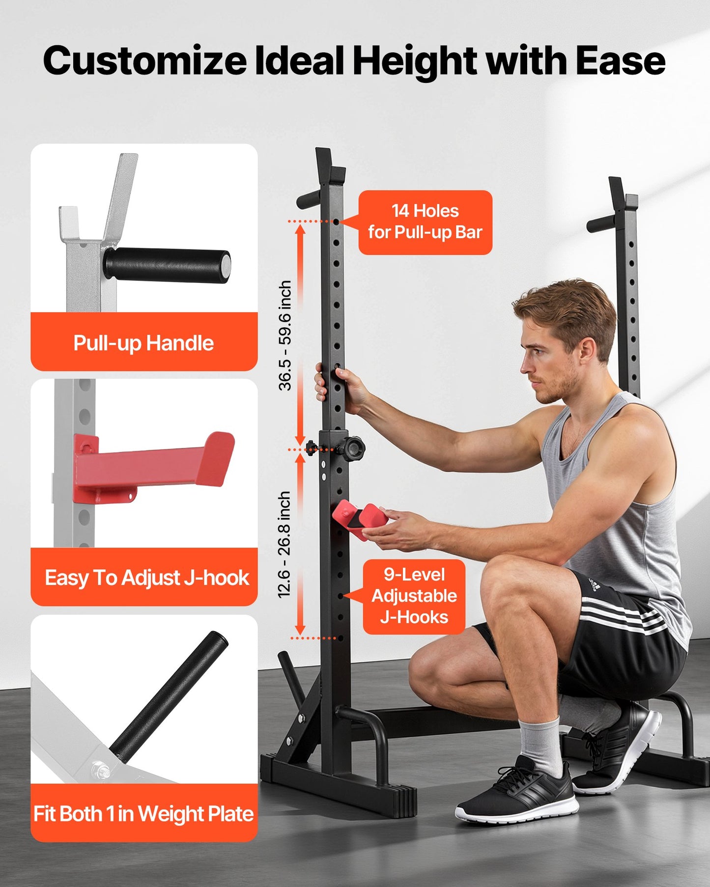 Power Cage Squat Rack for Home Gym - Adjustable Weight Lifting Equipment with Barbell Storage & J-Hooks