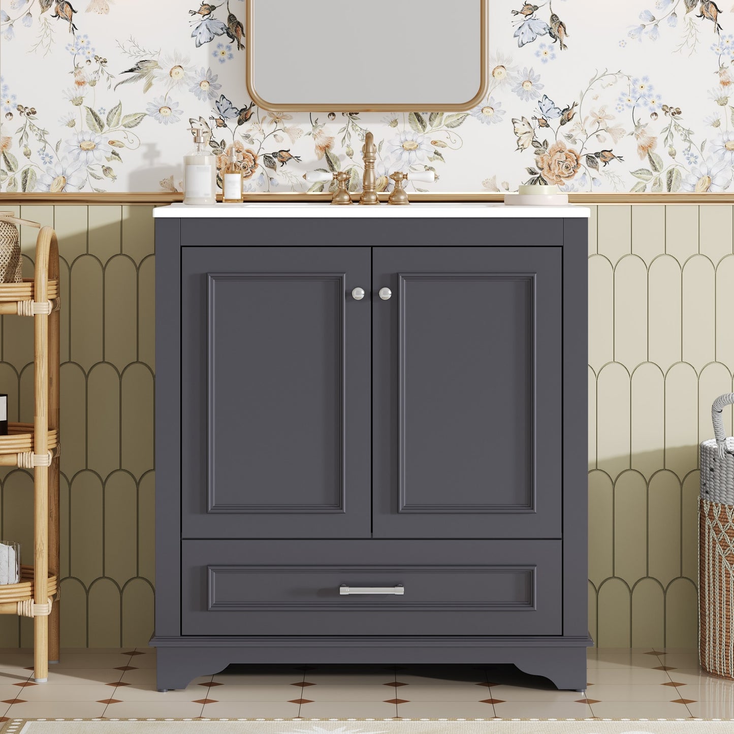 30" Blue Bathroom Vanity with Ceramic Sink & Soft Close Doors