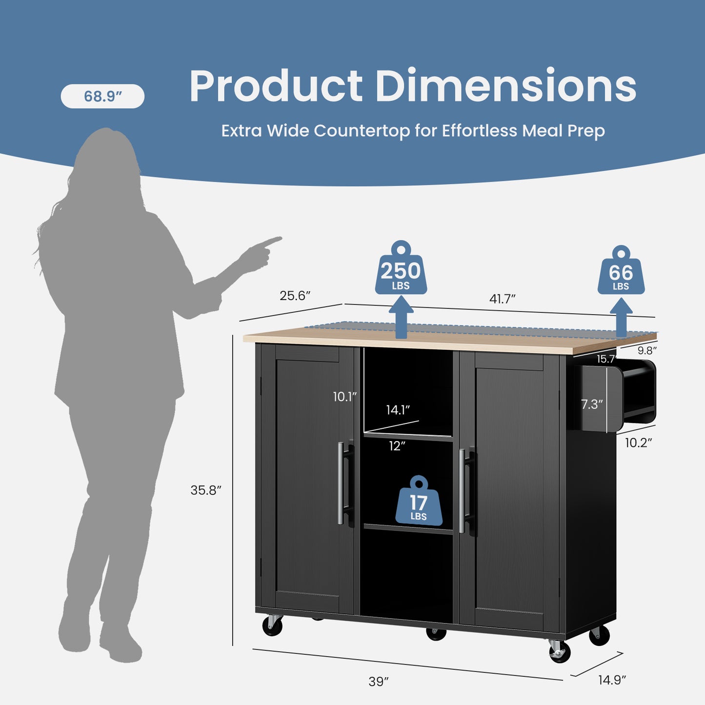Rolling Kitchen Cart with Storage and Drop Leaf Tabletop