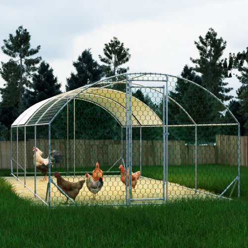 Large Metal Chicken Coop Walk-In Poultry Cage with Waterproof Cover - Silver