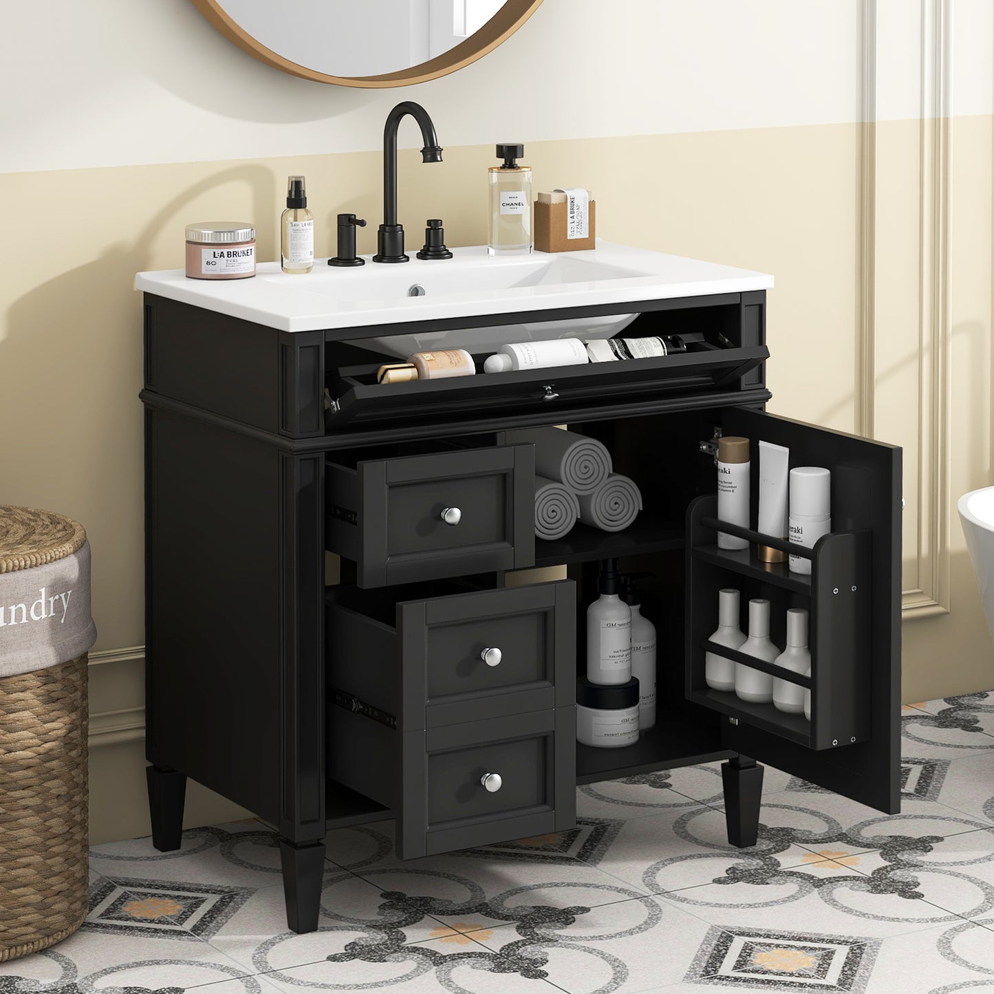 30'' Modern Bathroom Vanity with Ceramic Sink and Storage - Black