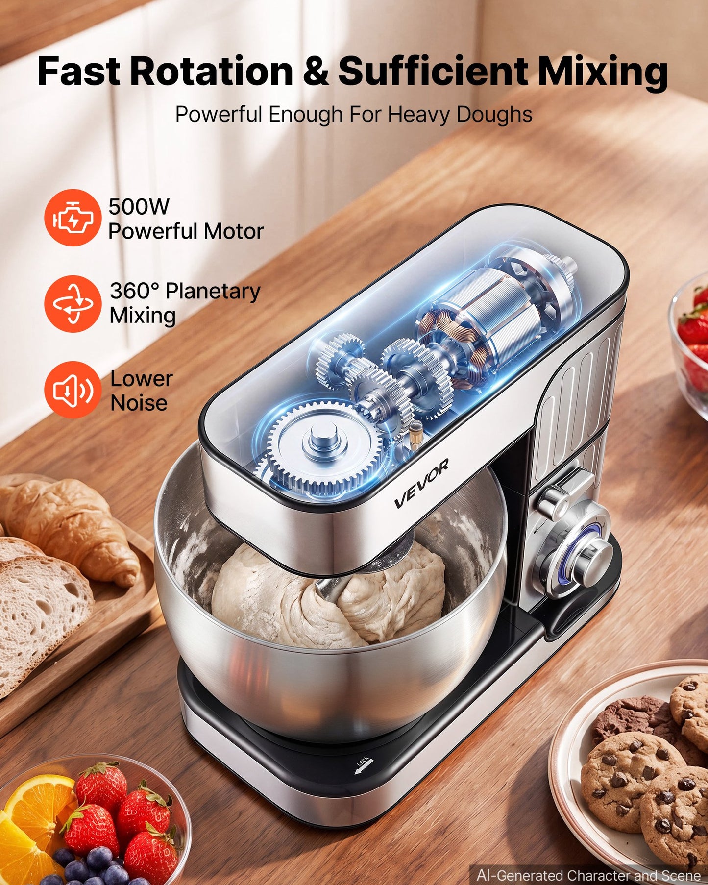 7.4 Qt Tilt Head Stand Mixer 500W with Stainless Steel Bowl & Attachments