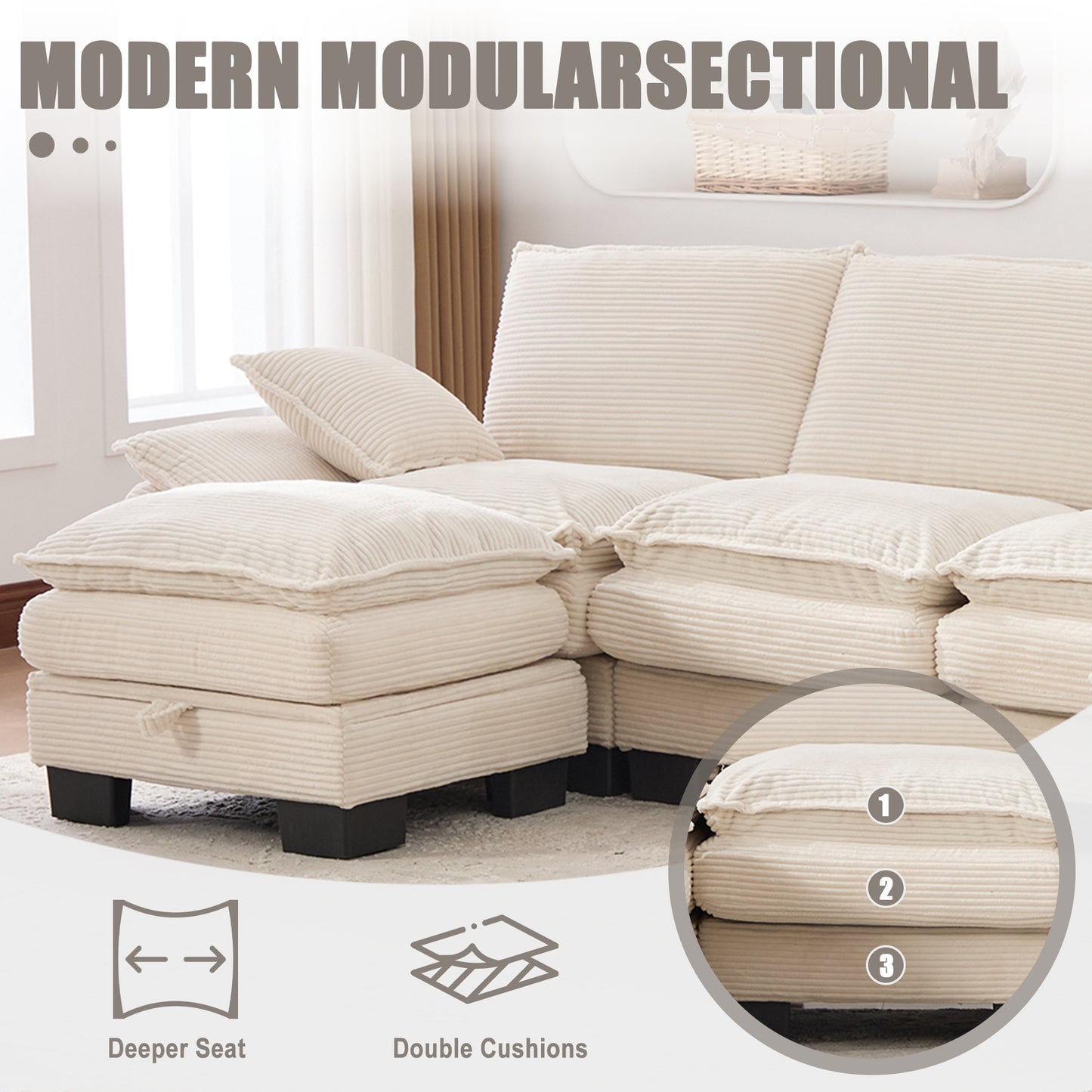 Modular Cloud Sofa - Comfy Corduroy Sectional for Living Room