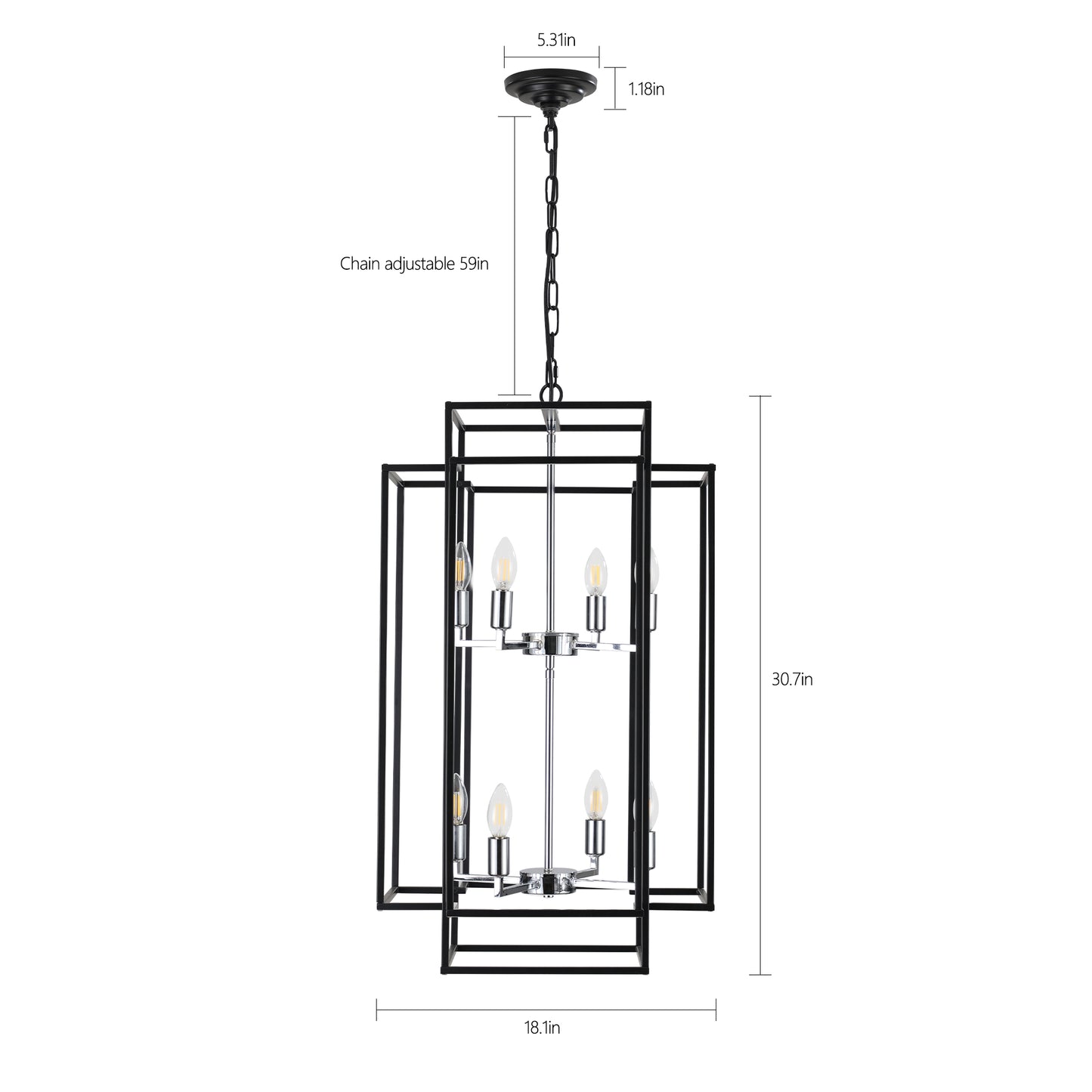 Modern 8-Light Black & Chrome Pendant Chandelier - Adjustable