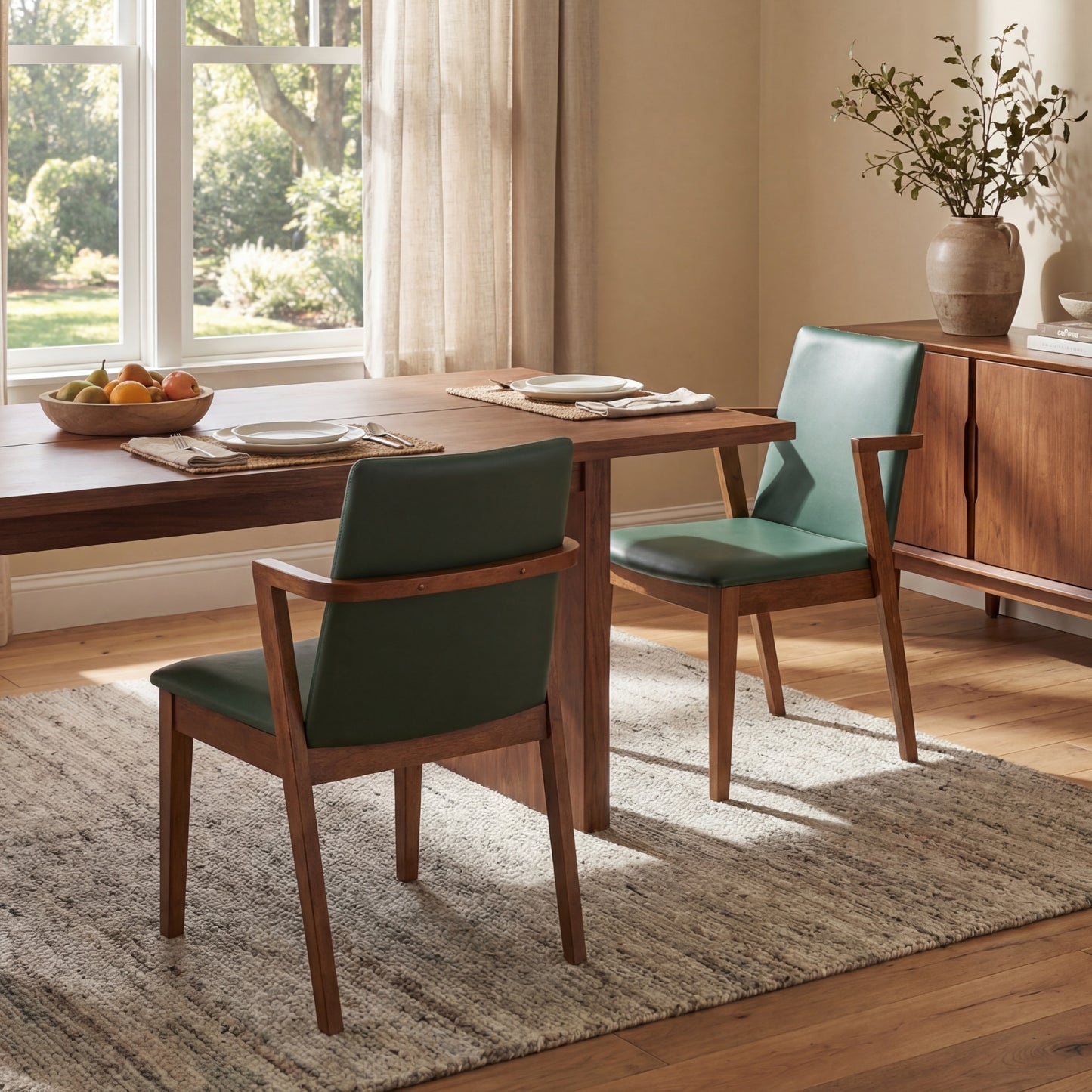 Mid-Century Modern Dining Chairs Set of 2 - Green PU Upholstered