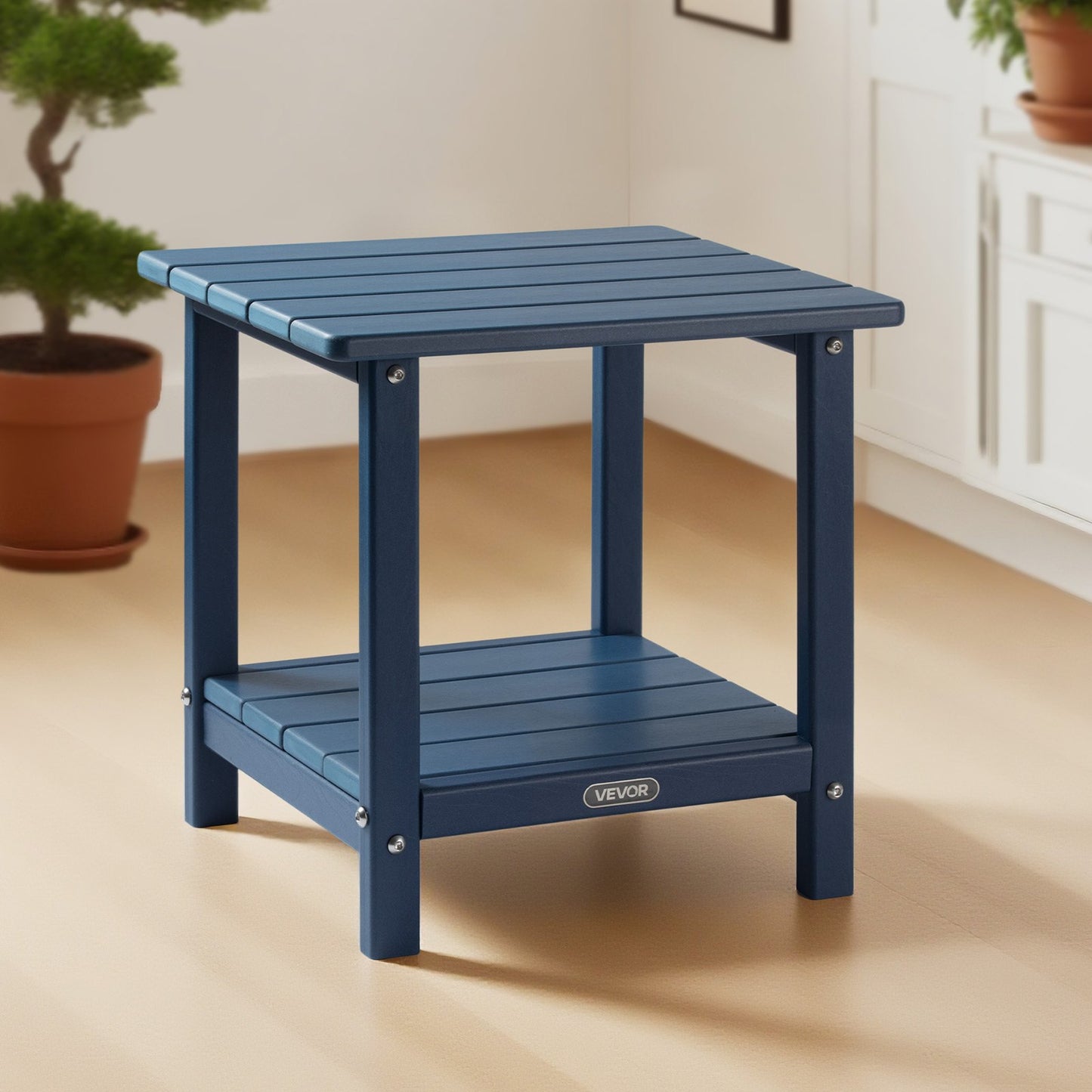 Outdoor Side Table 2-Tier HDPE Weatherproof Garden End Table - Blue