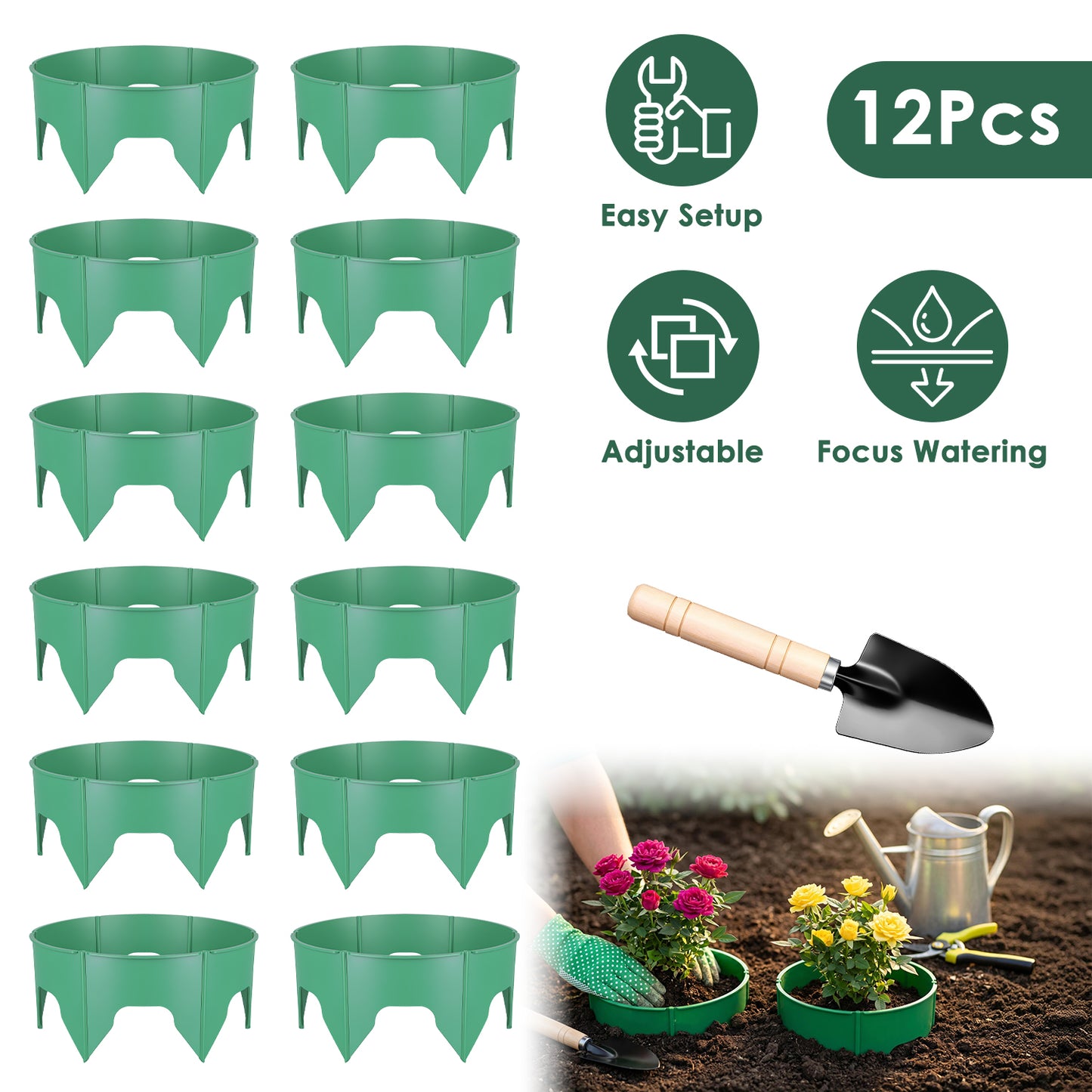 Adjustable Garden Planting Grow Rings Set with Hand Shovel - 6 or 12 Pieces