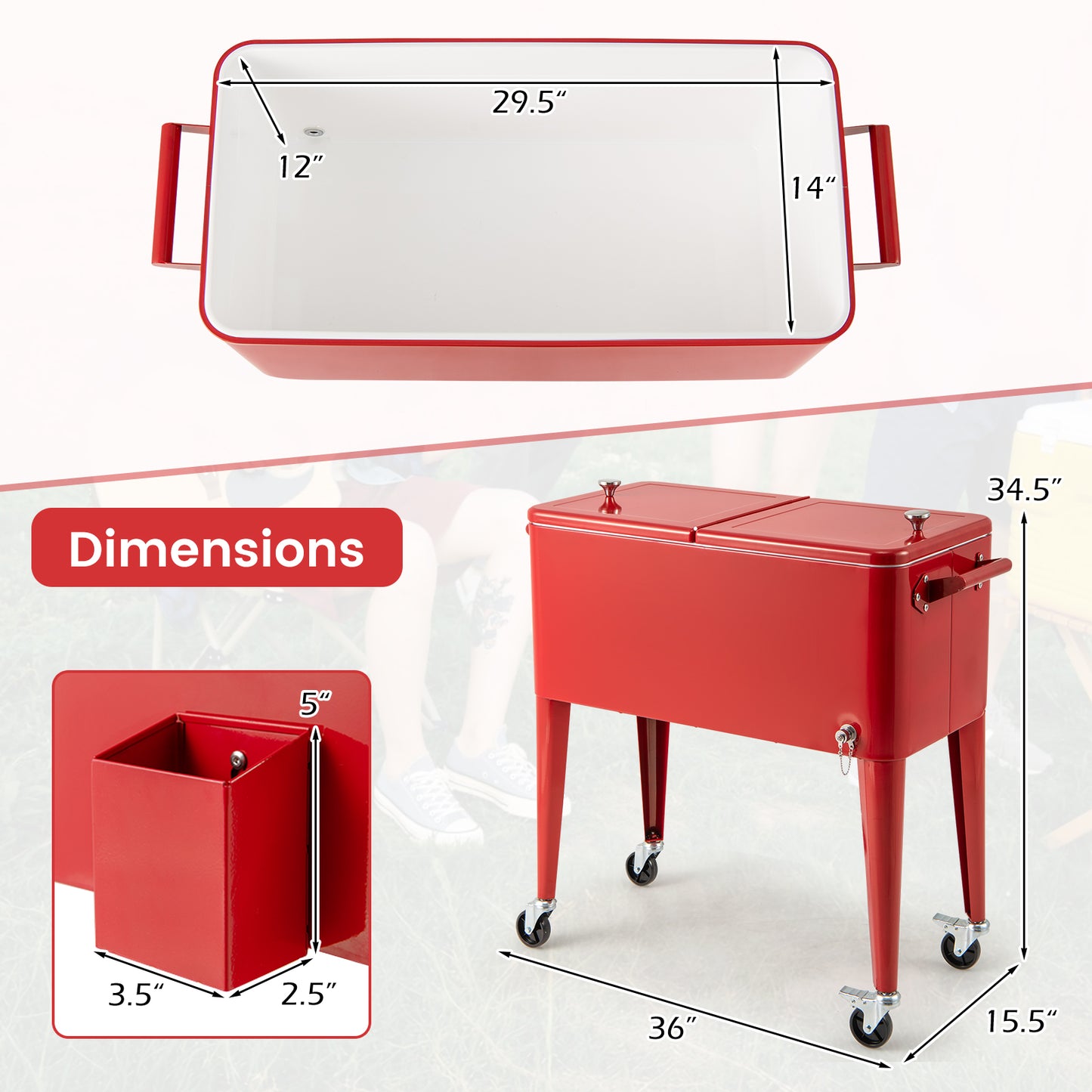 80 Quart Red Portable Outdoor Cooler Cart with Wheels