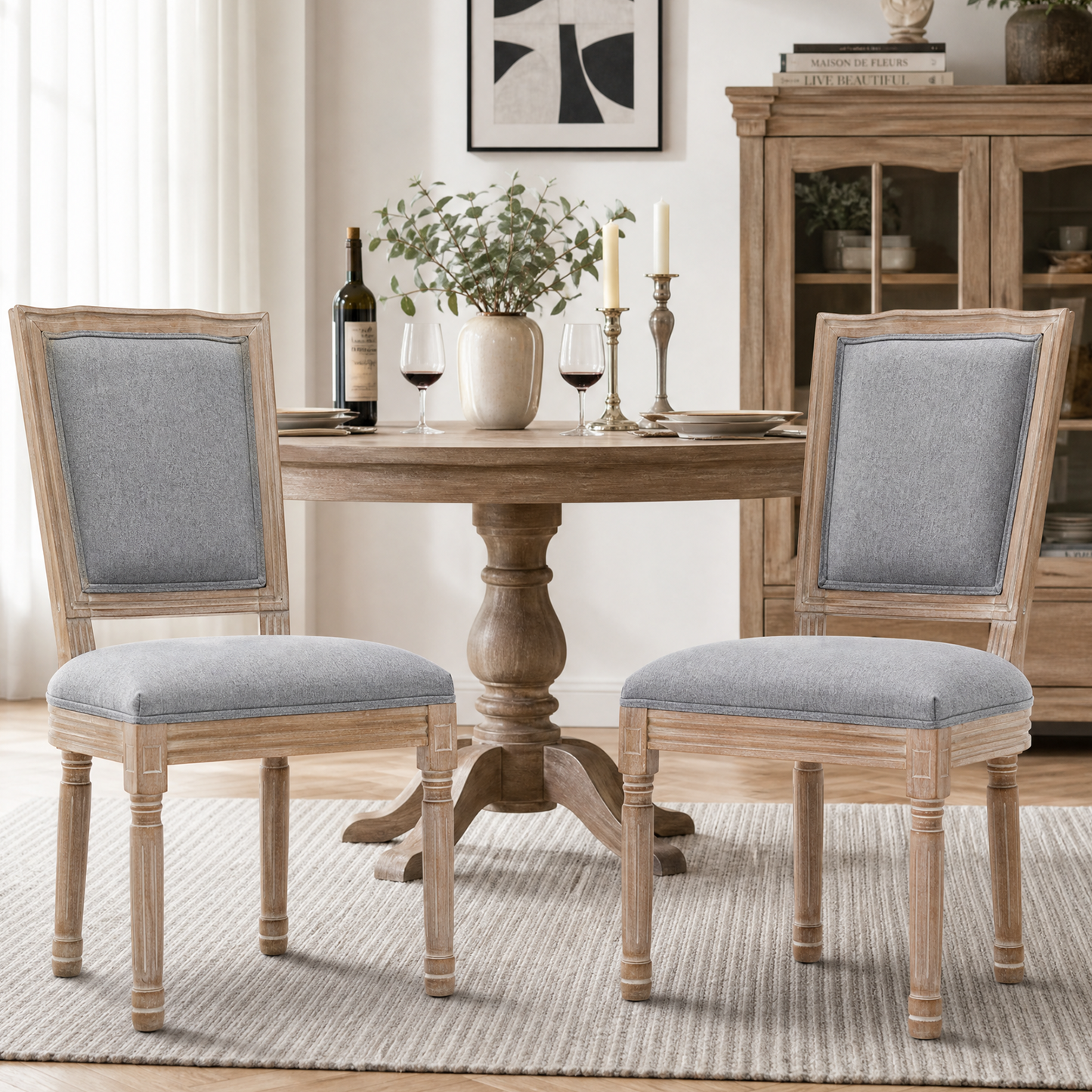 Farmhouse Dining Chairs Set of 2 - Grey Cushioned Linen Seat