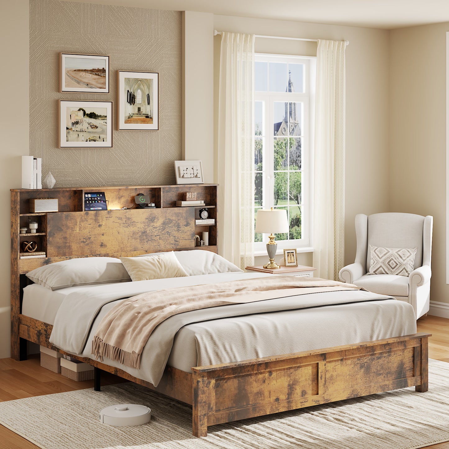 Queen Wood Platform Bed Frame with Bookcase Headboard & LED