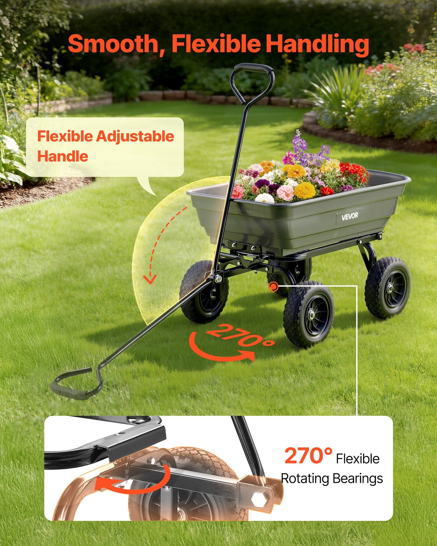 Garden Dump Cart 600 Lb Poly Yard Wagon with 90° Quick-Dump & Swivel Wheels - Black