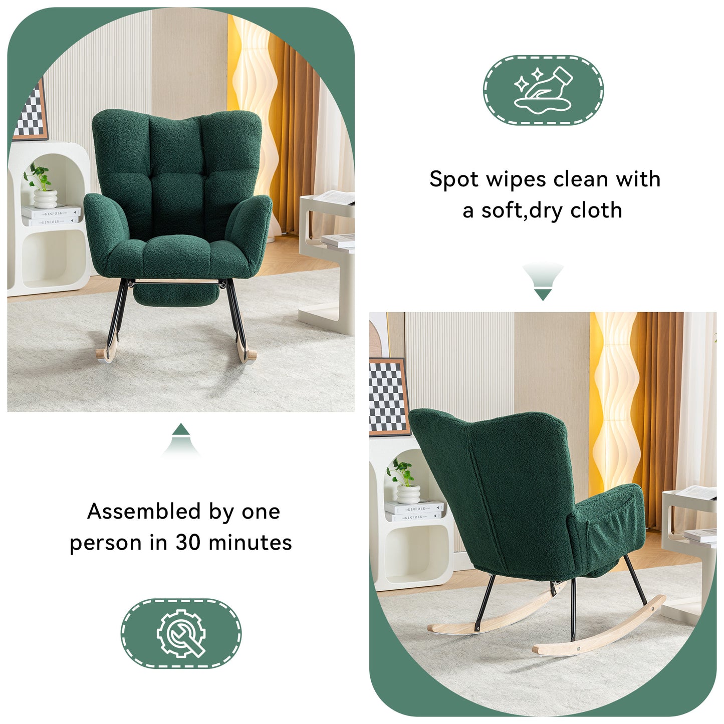 Teddy Fabric Rocking Chair with Adjustable Footstool - Green