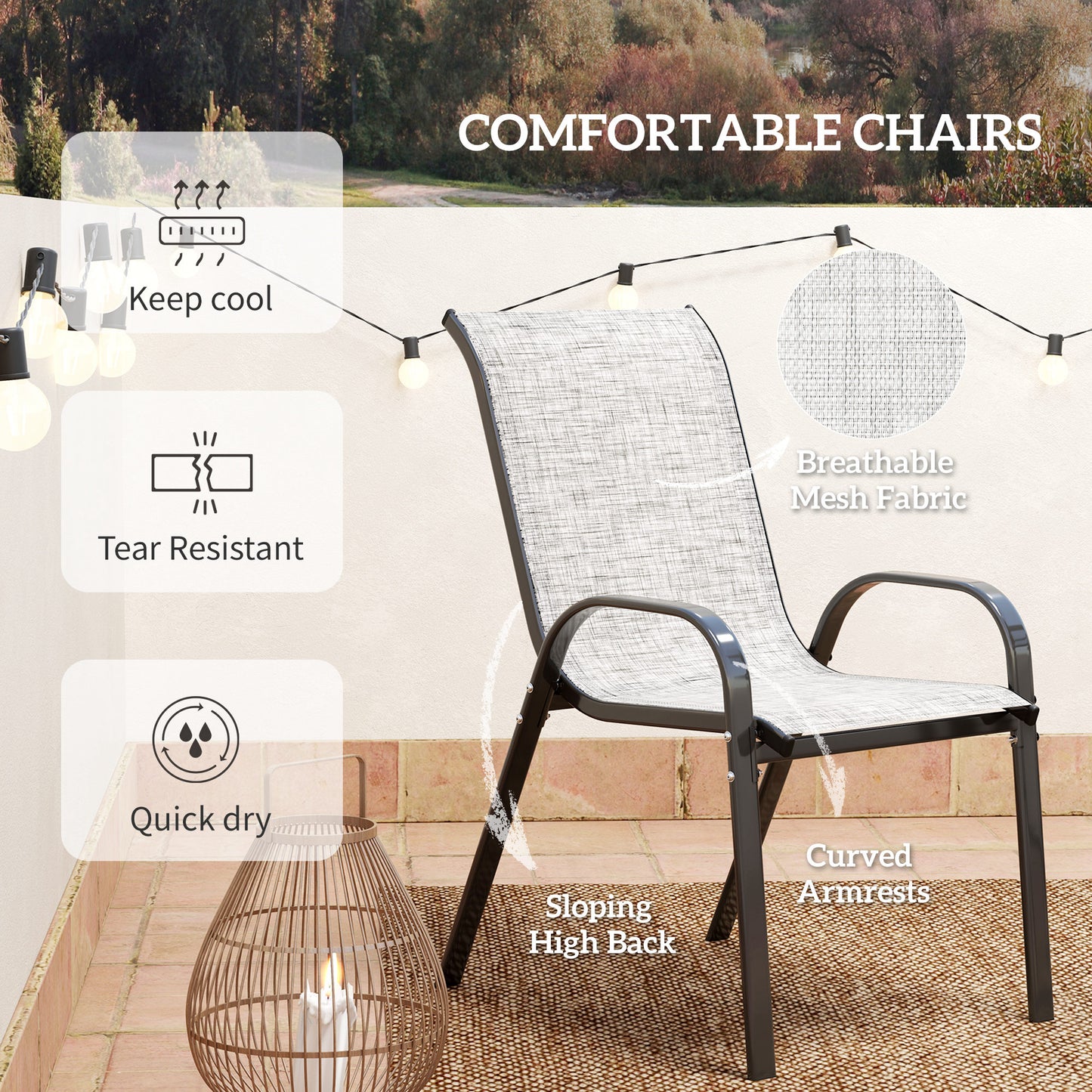 Bistro Set for Small Spaces - 2 Stackable Chairs & Glass Table - Gray