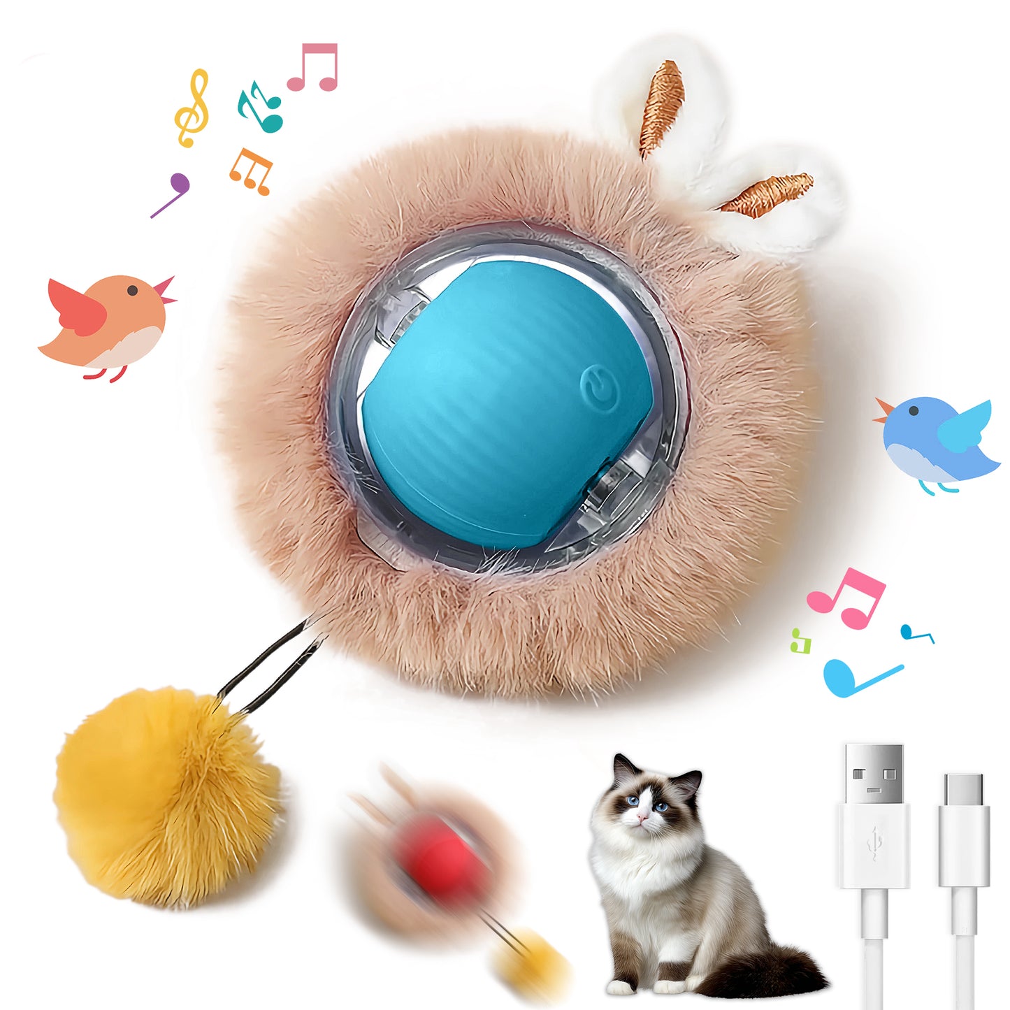 Interactive Cat and Dog Chase Toy Ball with Lights, Fluffy Tail & Bunny Ears