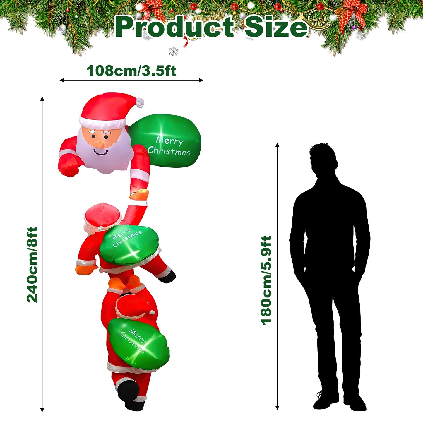 8FT Inflatable Santa Claus with LED Lights - Christmas Decoration