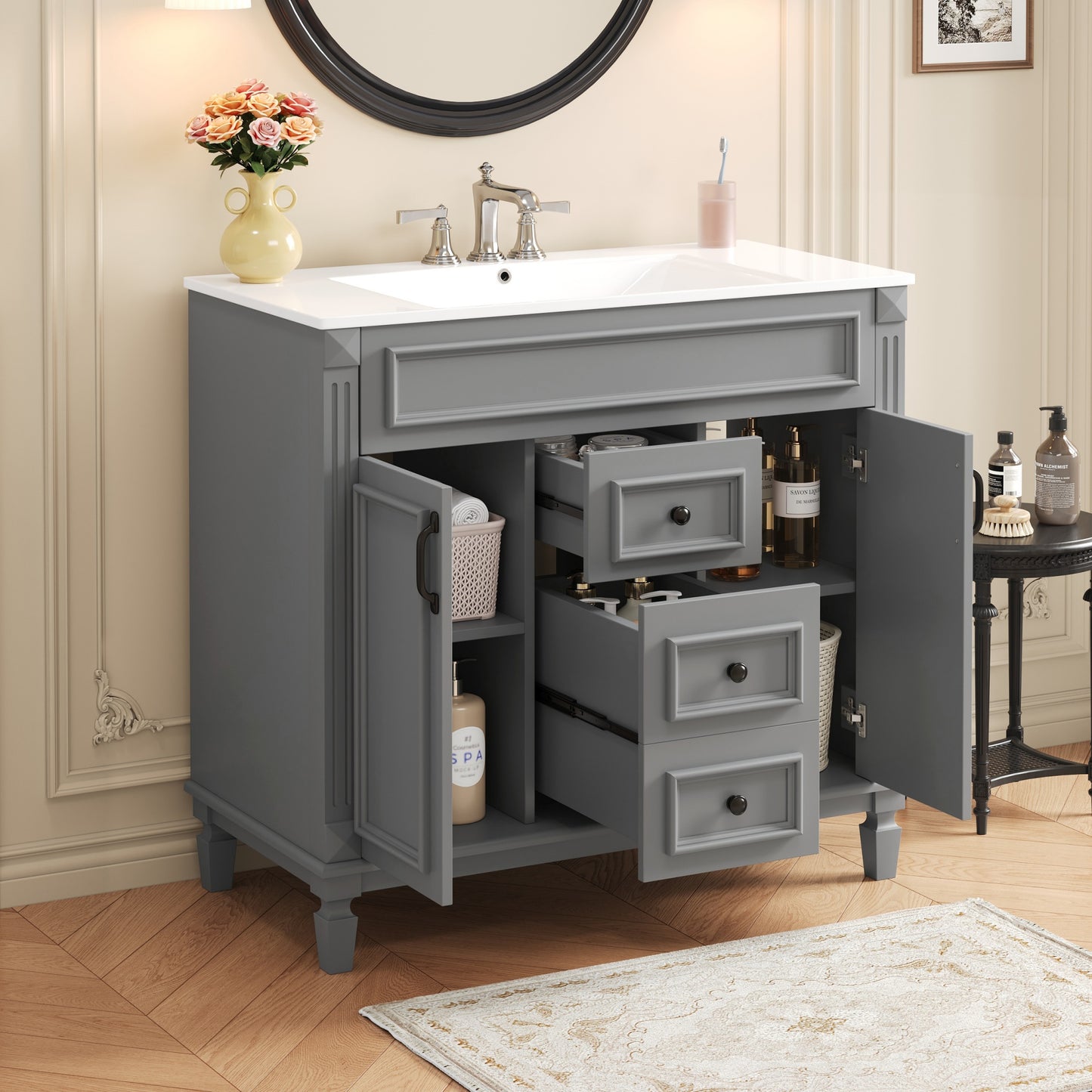 36-Inch Modern Bathroom Vanity with Top Sink - Grey