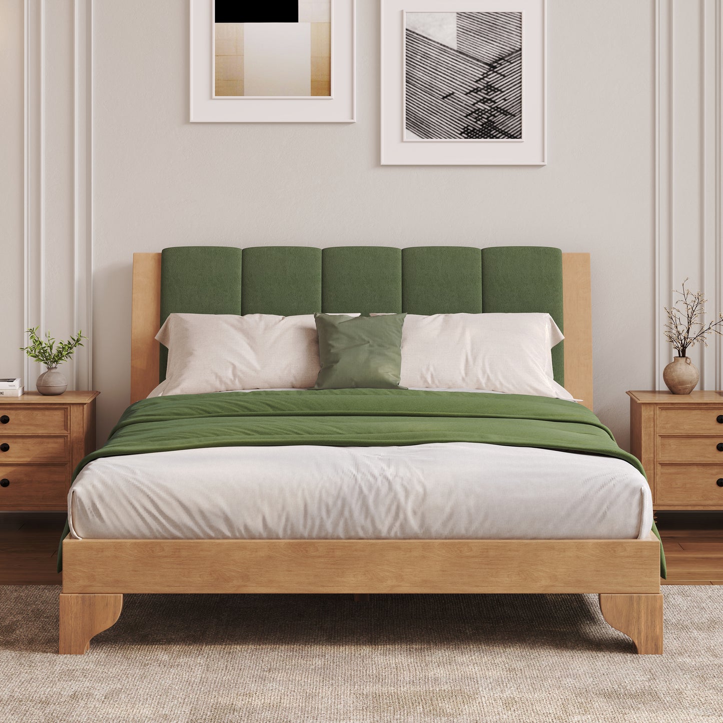 Queen Size Bed Frame with Headboard - Premium Pine Wood, Green