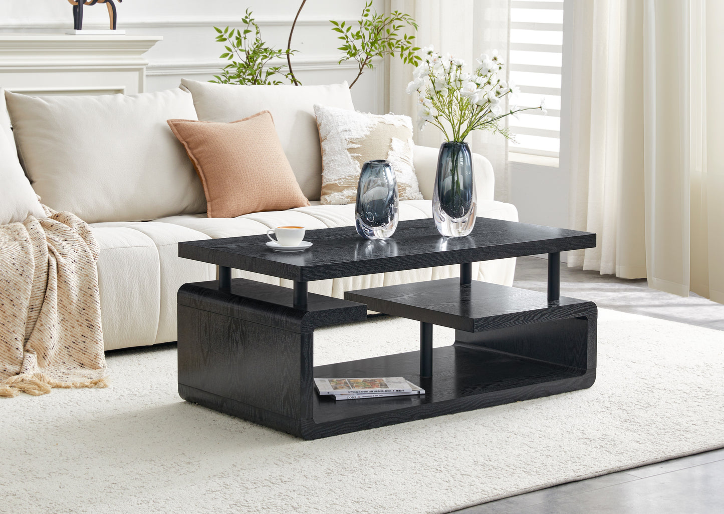 Three-Tier MDF Coffee Table With Black Wood Grain Finish, Modern