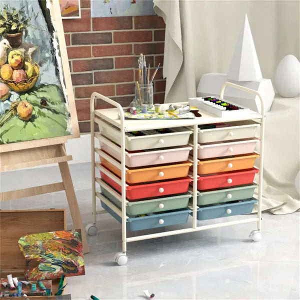 12-Drawer Rolling Storage Cart - 2-Row 10-Storey, Multicolor Drawers,