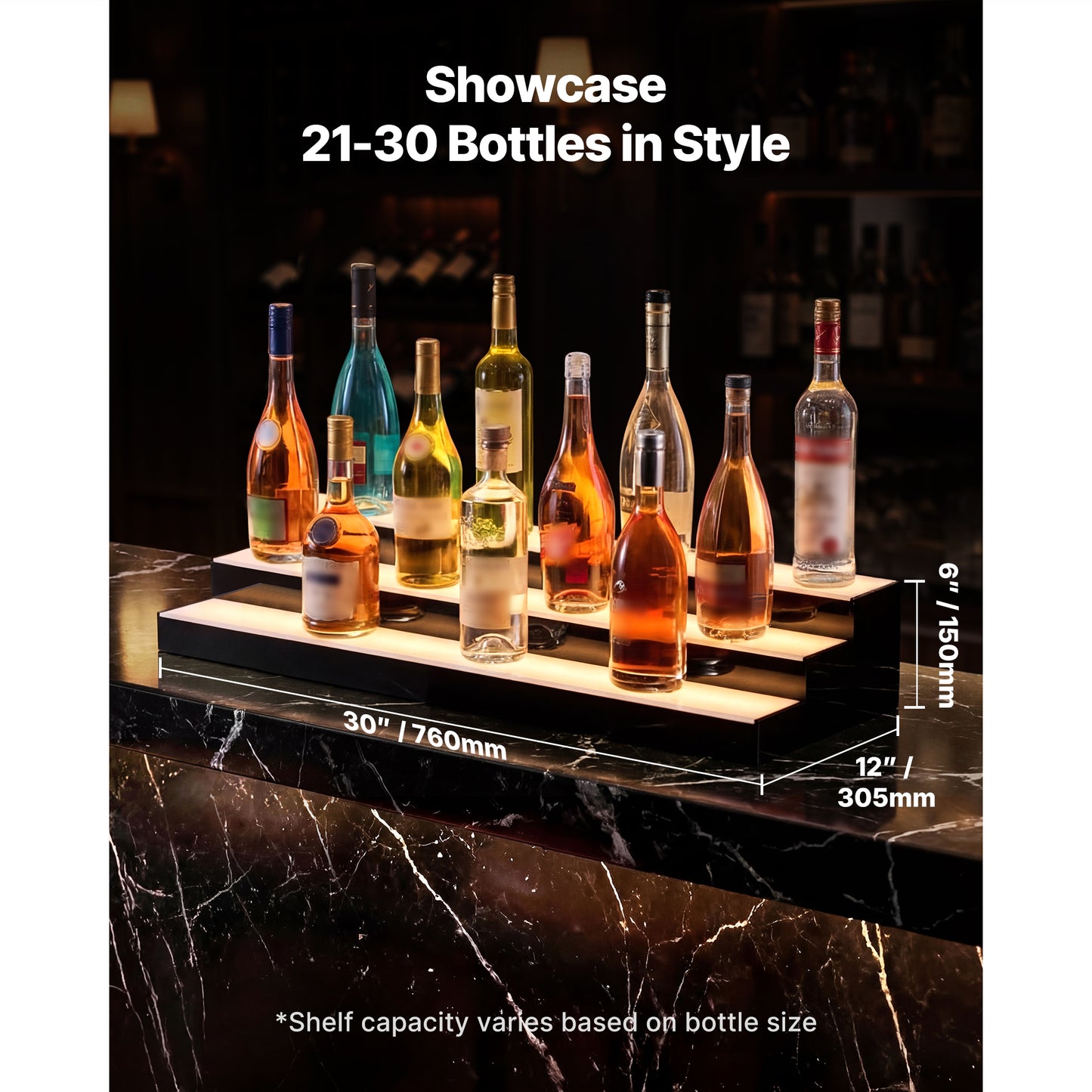 LED Liquor Bottle Display Shelf 3 Tiers 30 Inch Acrylic Illuminated Home Bar