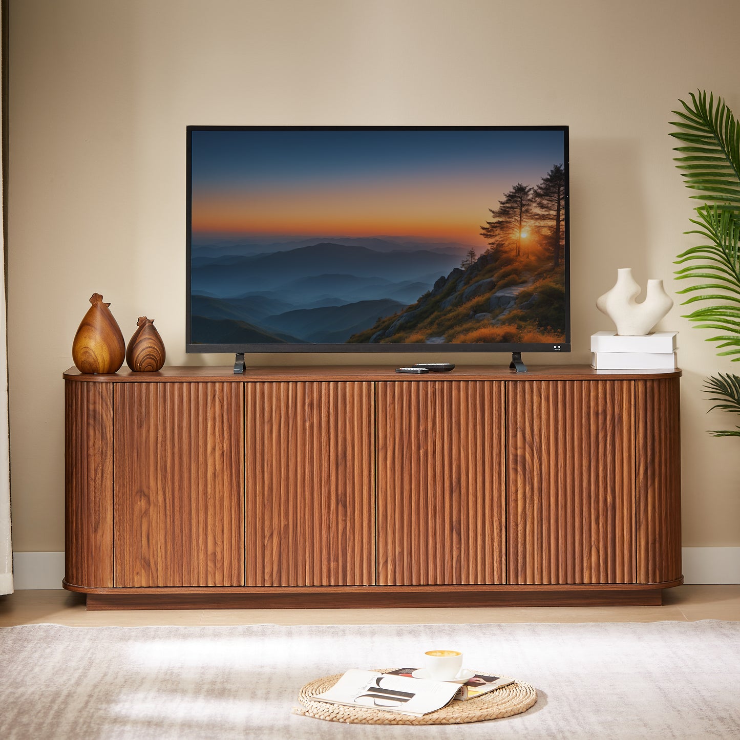 Walnut Sideboard Storage Cabinet with Wave Pattern - 64"