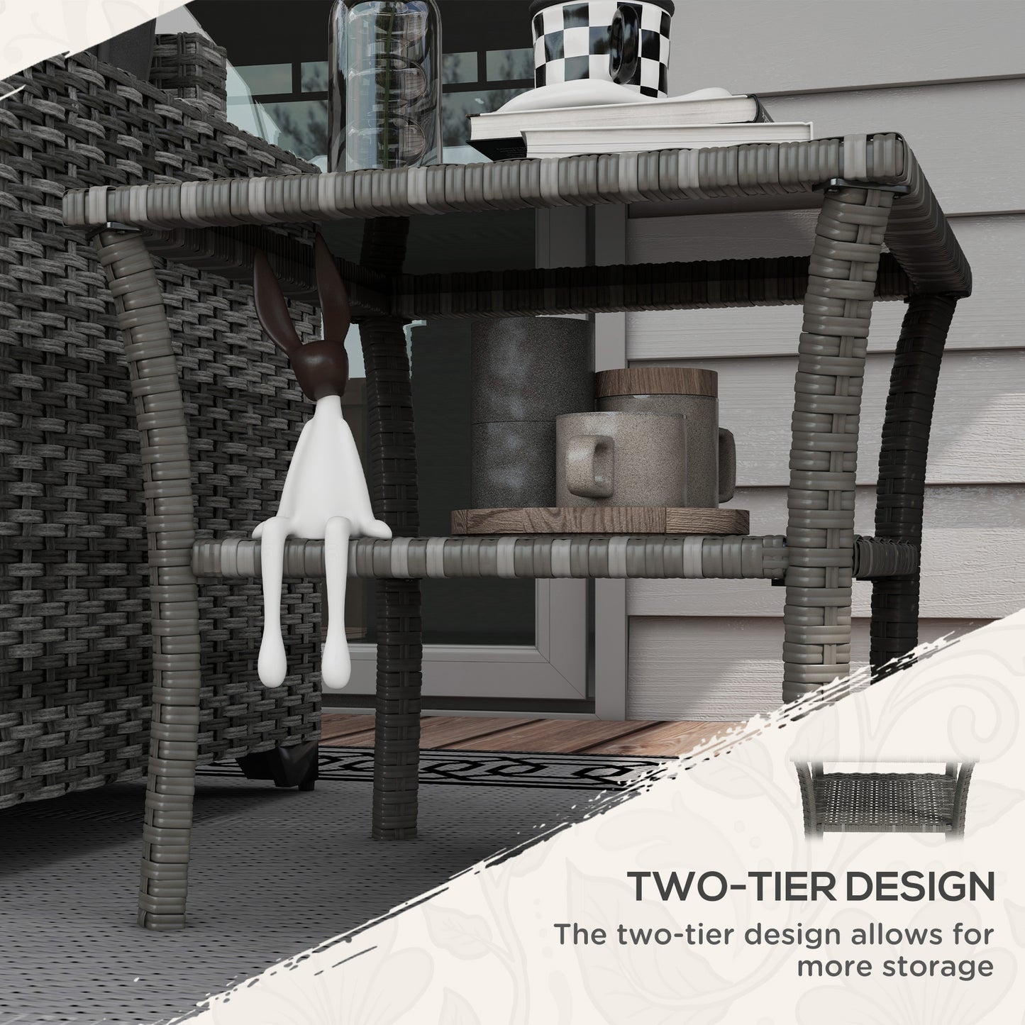 Outdoor Rattan Coffee Table with Storage Shelf - Mixed Gray