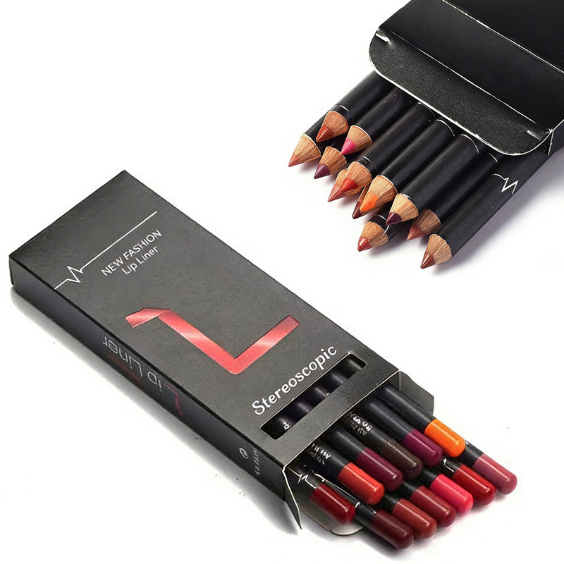 12-Color Long-Lasting Lip Liner Pencil Set - Velvet Matte Waterproof Makeup