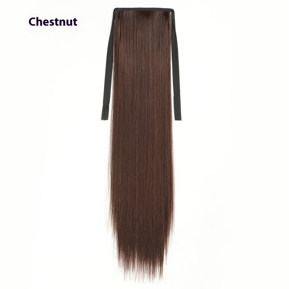 Long Straight Human Hair Wigs with Lace-Up Ponytail - Natural Black & Brown