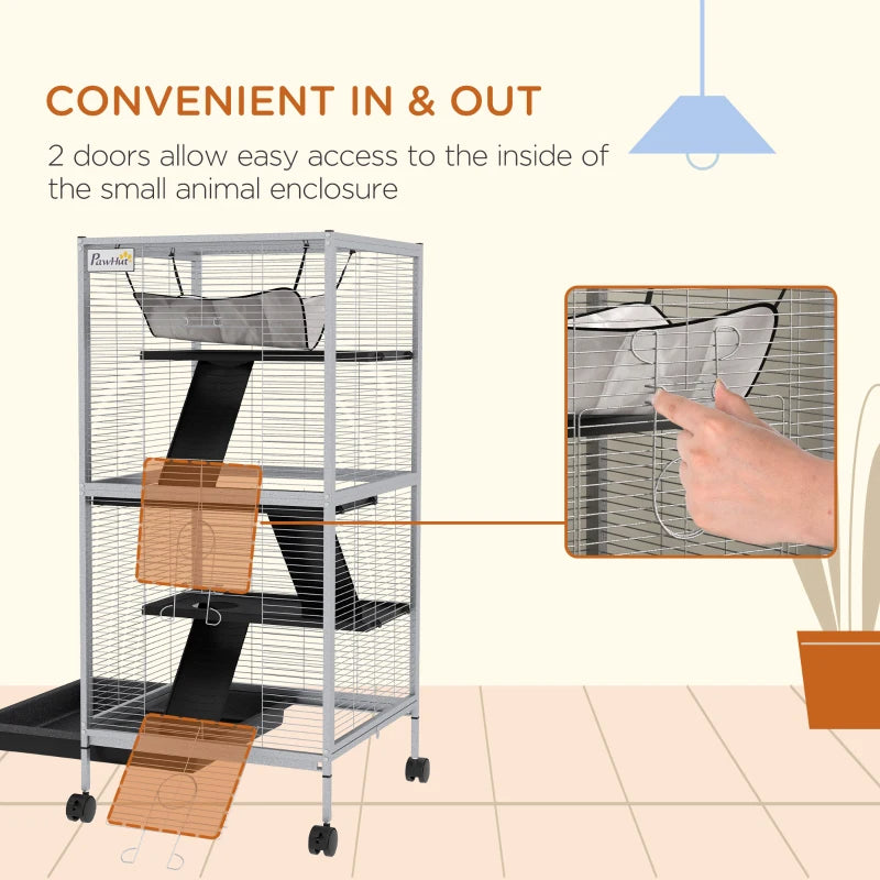 Rolling Small Animal Cage with Hammock for Ferrets, Chinchillas, Kittens - White