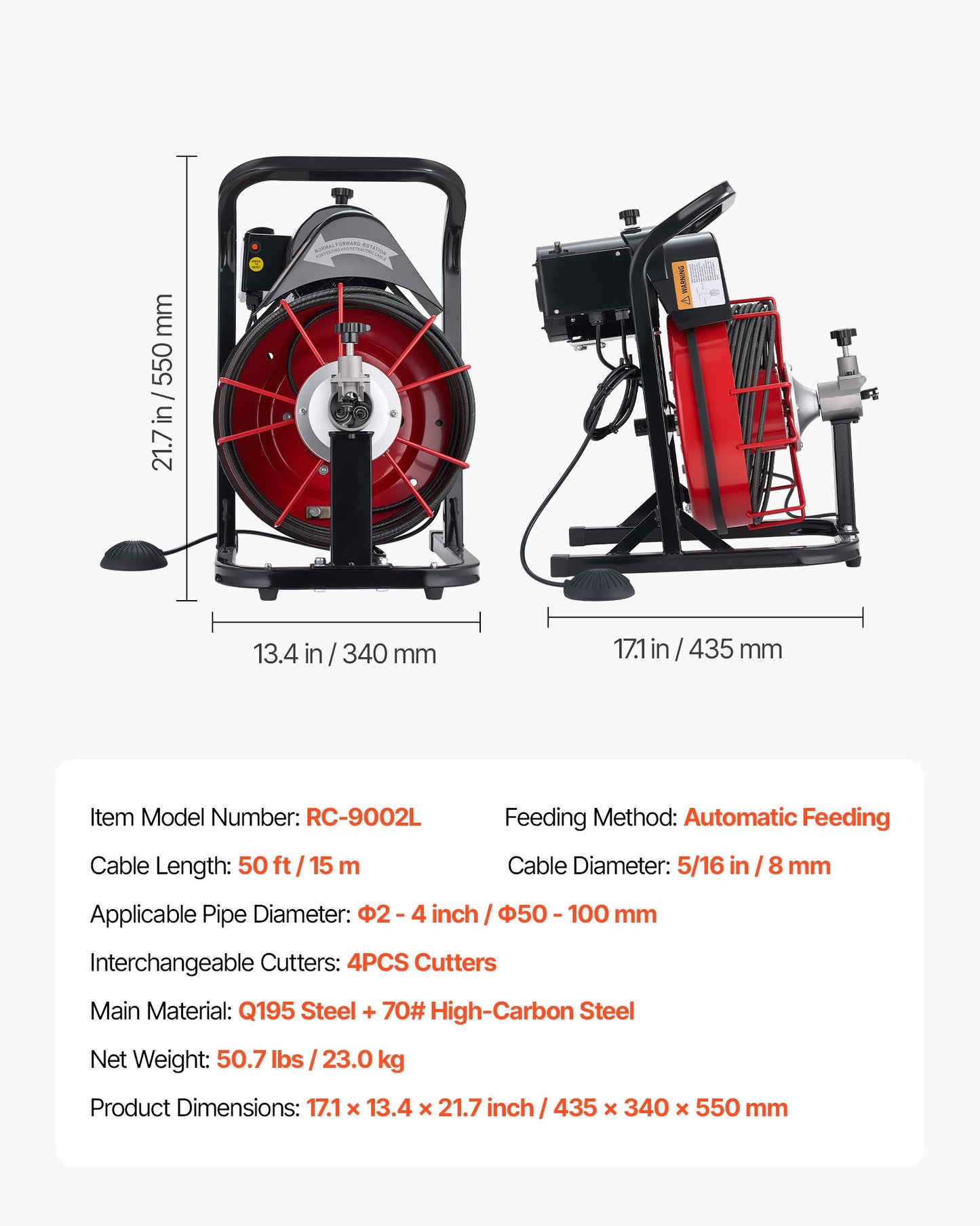 Drain Cleaner Machine 50 FT Auto Feed Sewer Snake Auger with 4 Cutters - Black