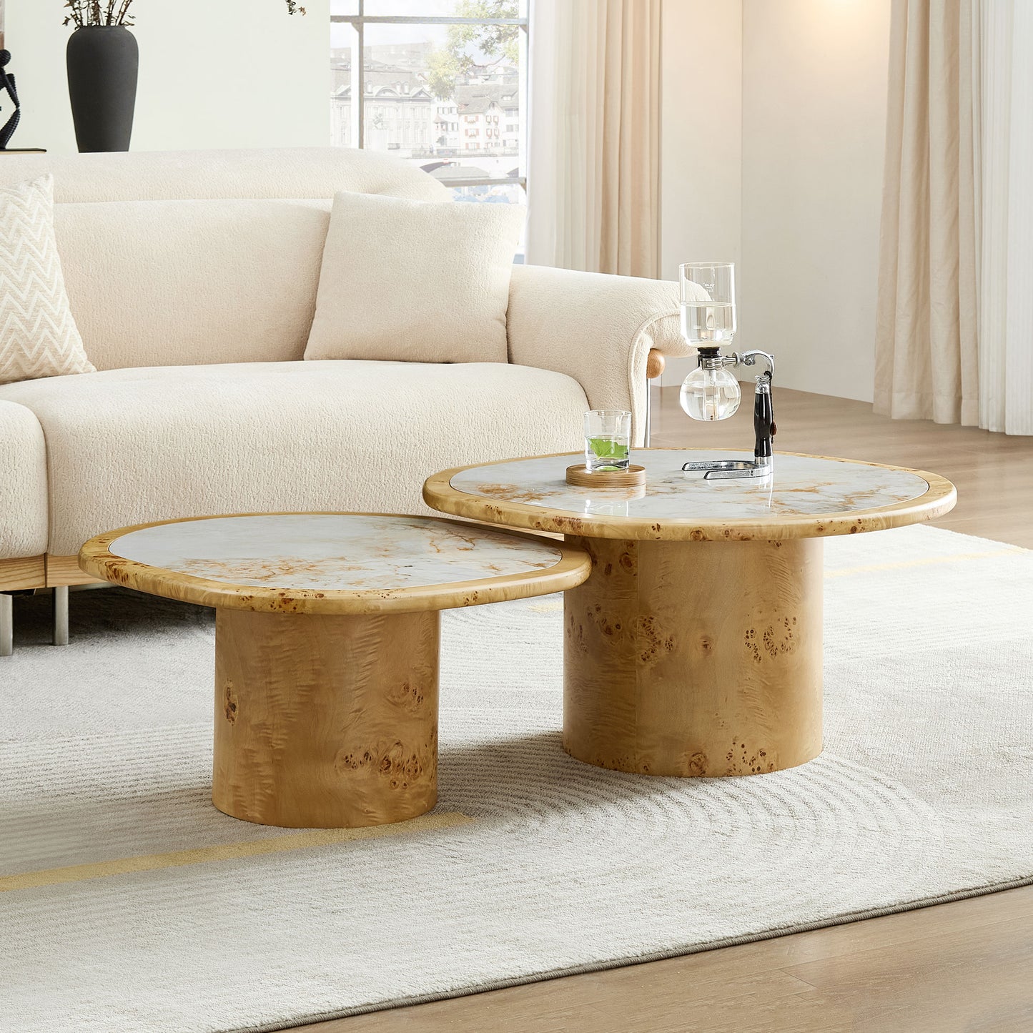 Natural Burl Wood Coffee Table Set - 2-Piece Sintered Stone Top