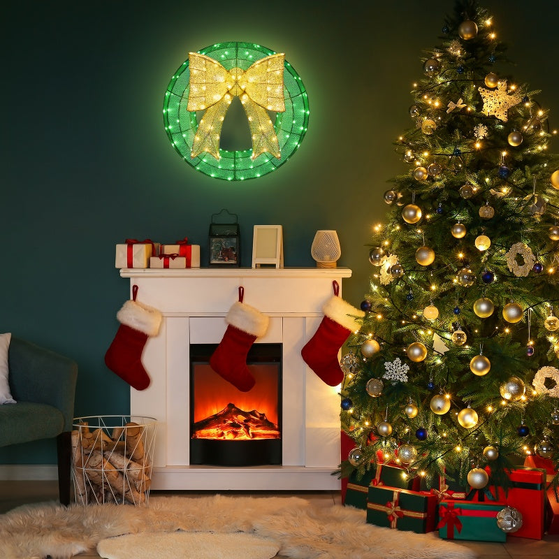 24-Inch Pre-Lit Outdoor Christmas Wreath with Golden Bow
