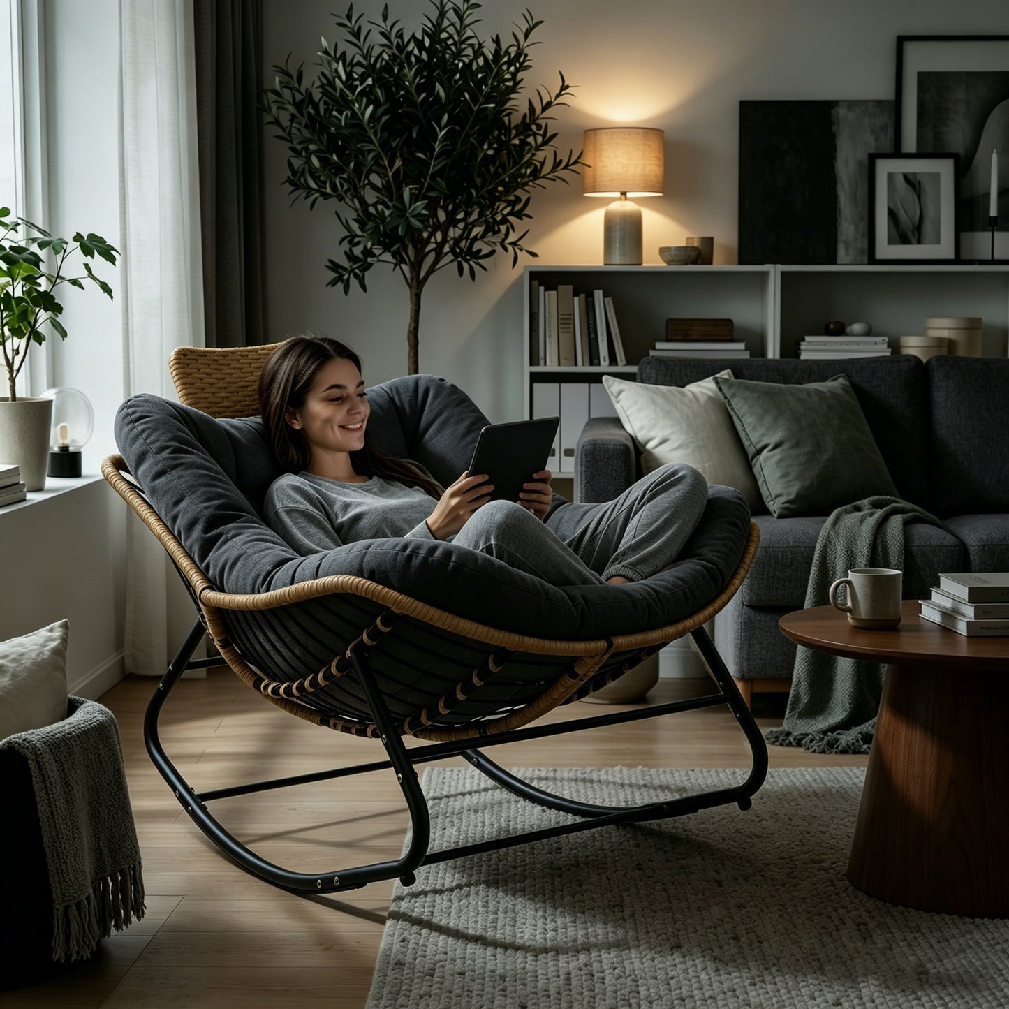 Oversized Rocking Chair with Cushion - Dark Grey Rattan