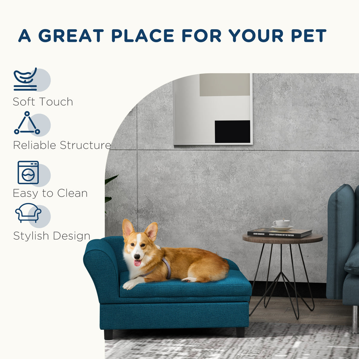 Small Dog Sofa Bed with Storage - Dark Blue Pet Couch for Comfort & Organization