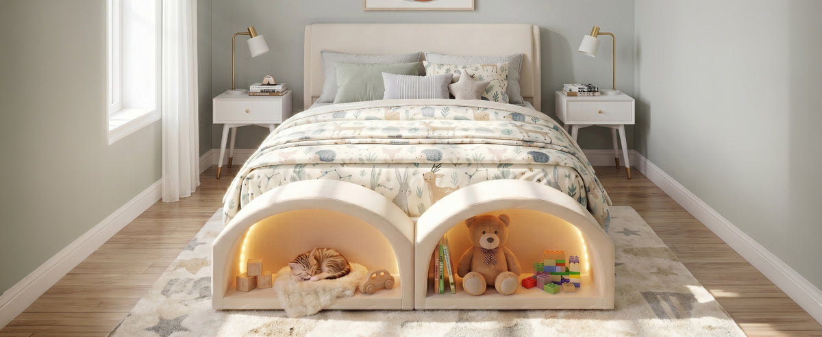 Queen Size Upholstered Platform Bed Frame with Dual Cat Caves & LED Pet Nests - Beige