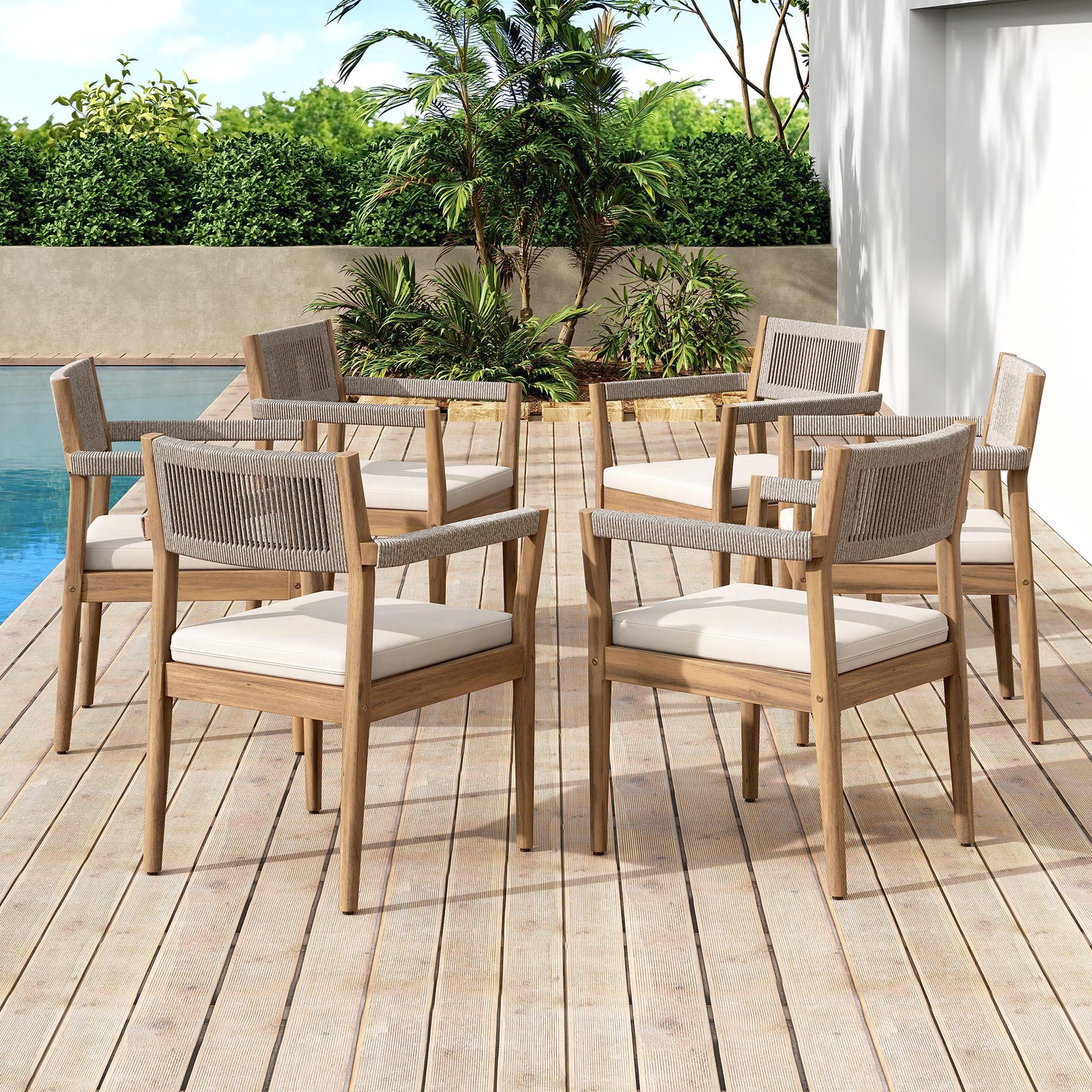 Braided Acacia Wood Outdoor Dining Chairs Set Of 6 -Teak Look With