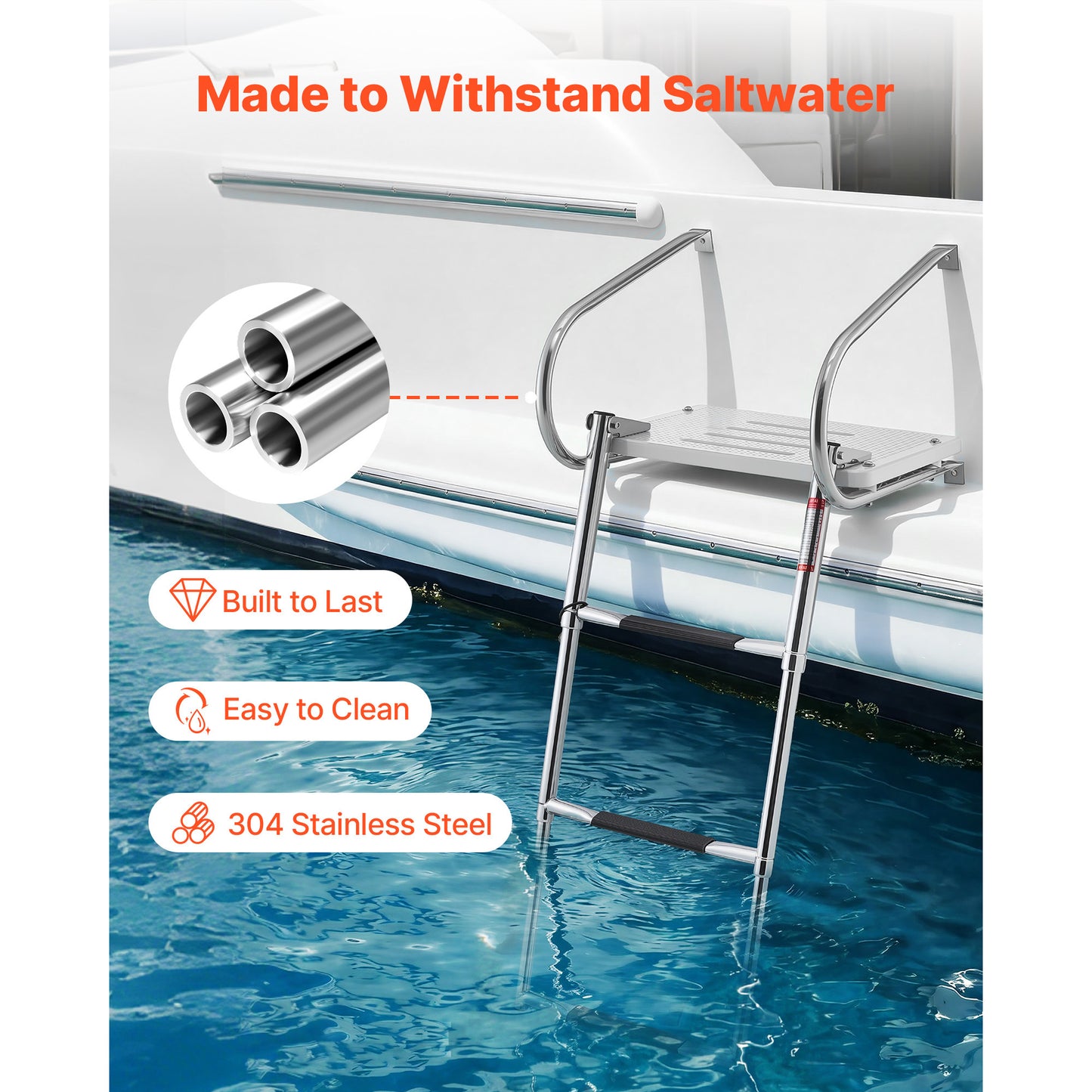 Stainless Steel Telescoping Boat Ladder with 3 Wide Anti-Slip Steps & Handrails - 400 Lbs Capacity