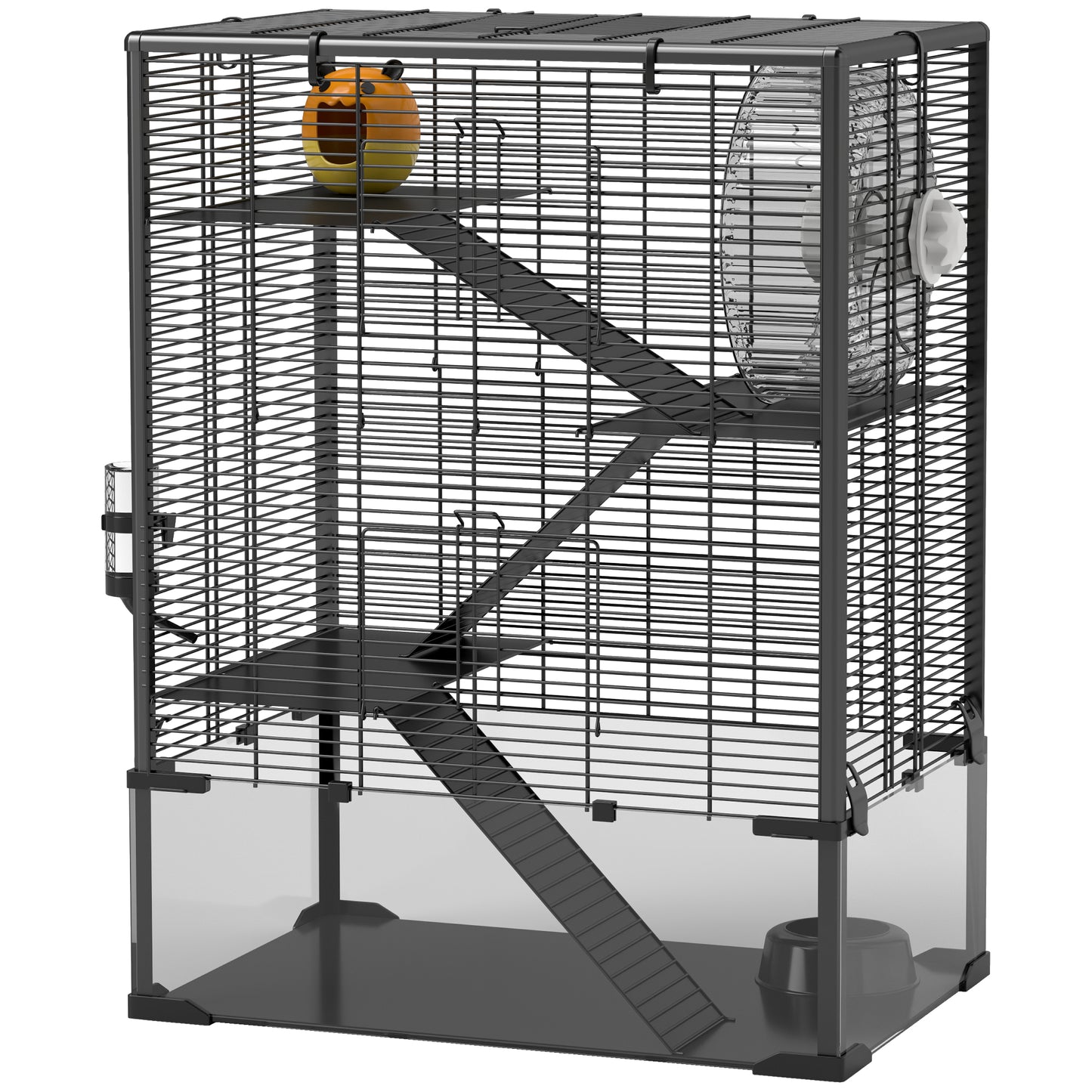 4-Tier Hamster Cage with Tempered Glass Bottom, Exercise Wheel, Hut, Water Bottle & Food Dish - Black, 24x16x31.5 Inches
