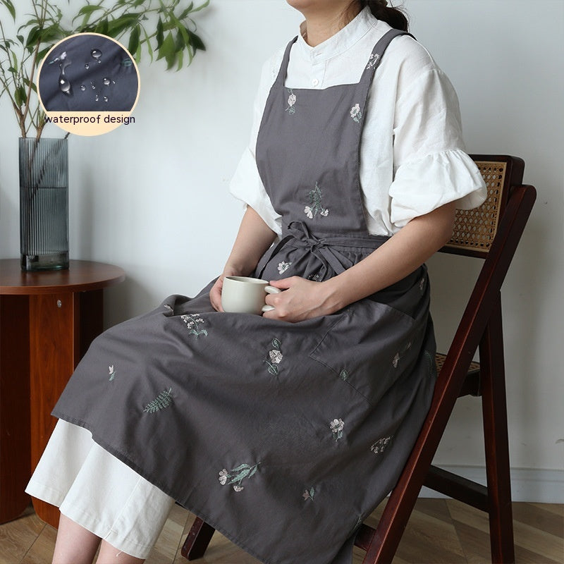 Simple Embroidery Cotton Kitchen Apron - Flower Pattern, Multiple Colors