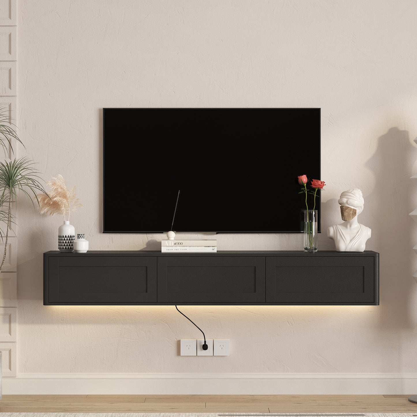 Wall Mounted Floating TV Stand with LED Lights & Power Outlet - Black