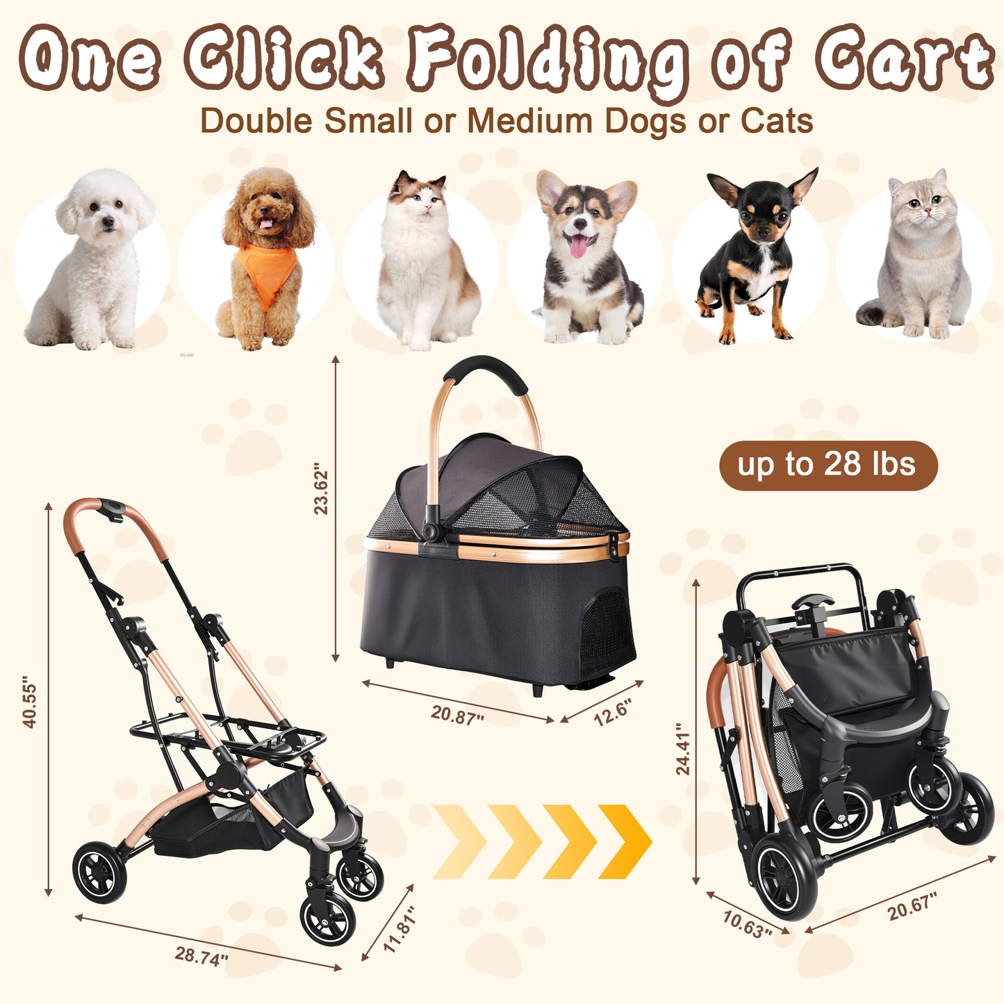 Pet Stroller for Dogs and Cats - Foldable 2-in-1 Detachable Design with Sun Canopy