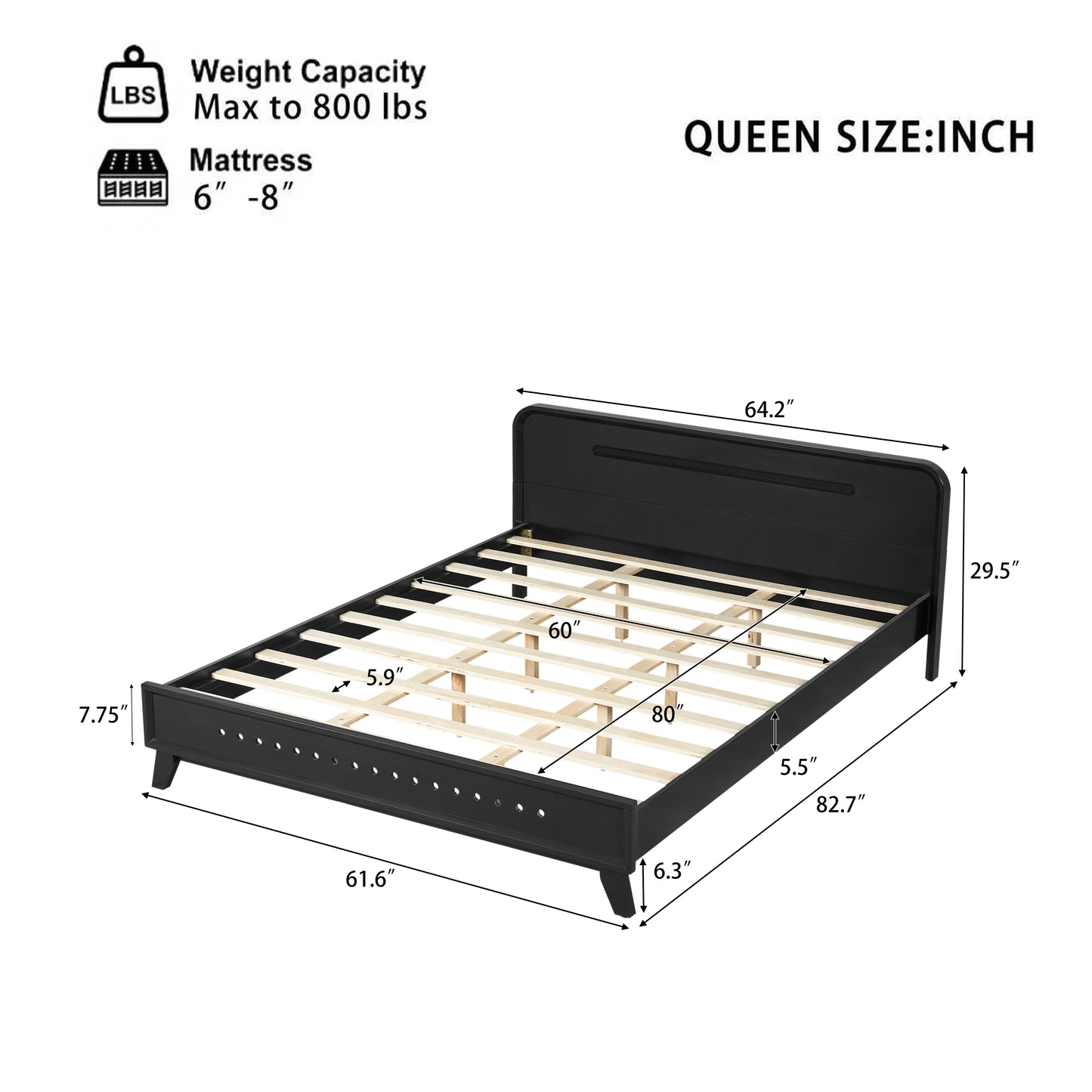 Queen Size Solid Wood Bed - Sturdy Pine Frame, No Box Spring Needed, Black