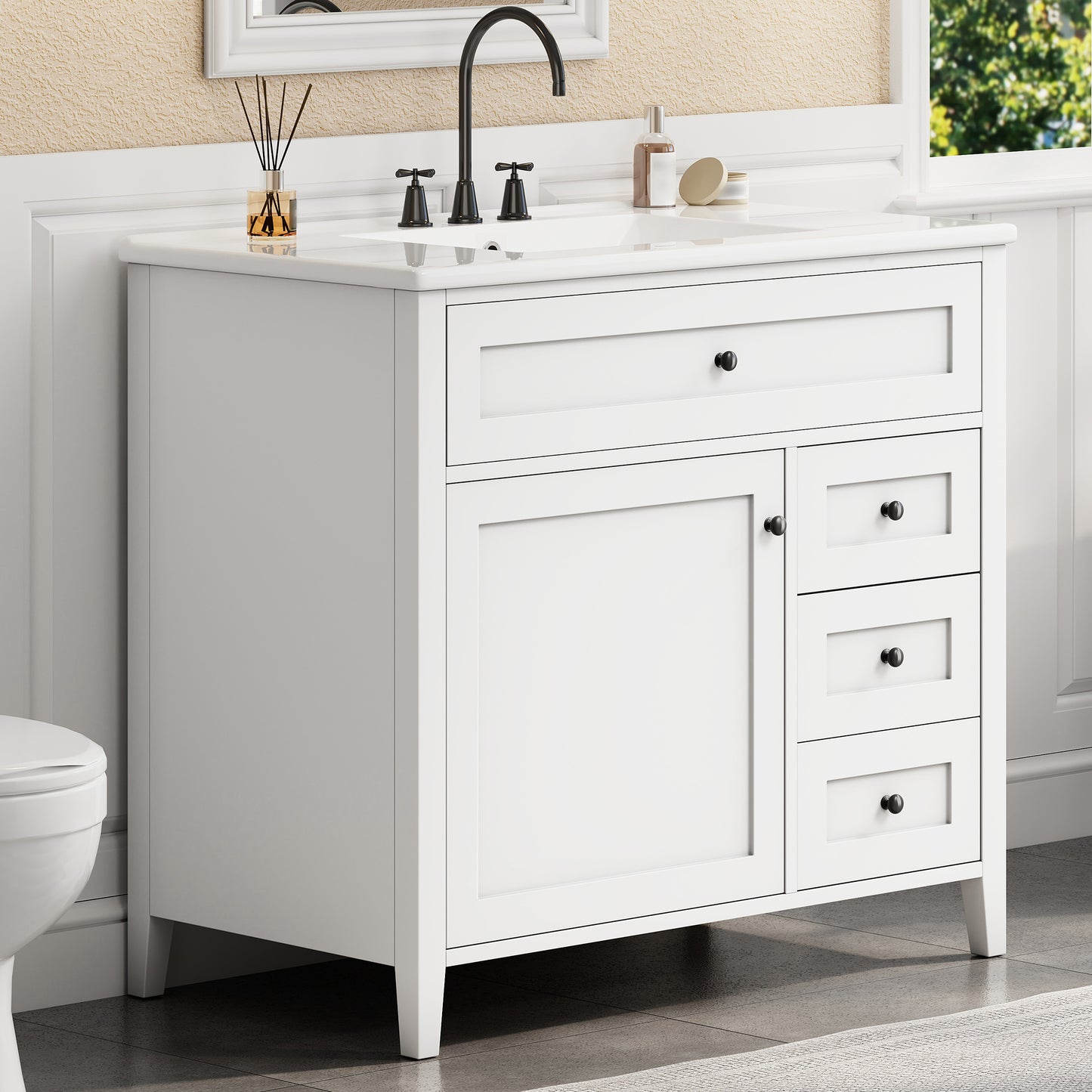 36-Inch White Bathroom Vanity with Sink and 3 Drawers