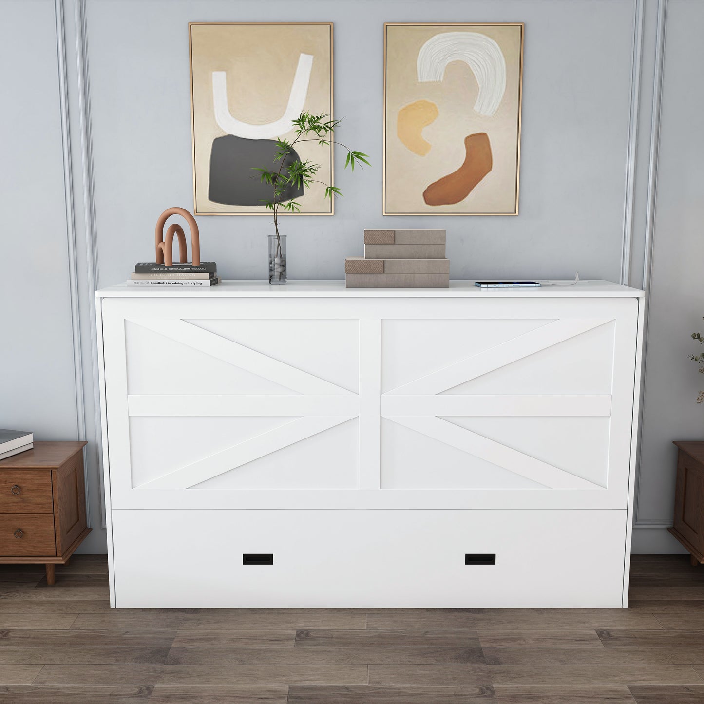 57 Inches Murphy Bed, With Storage Drawers And Charging Cabinet,