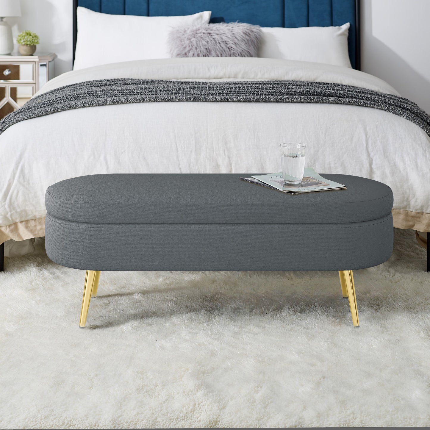 Oval Flannel Storage Ottoman with Metal Legs - Dark Gray
