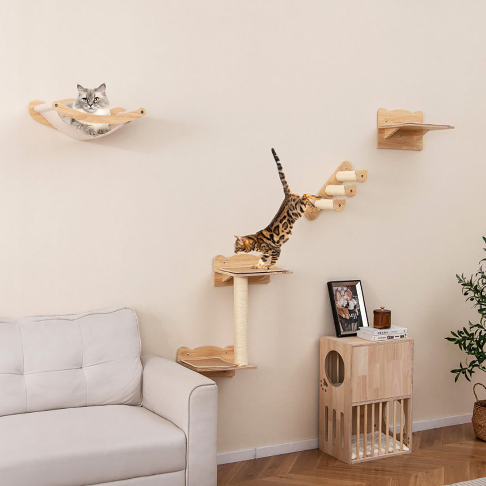 Wall-Mounted Cat Furniture Set of 4 with Hammock and Climbing Steps - Natural