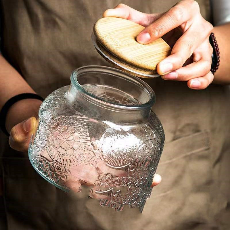 Glass Storage Jar with Wooden or Bamboo Cover - Snack, Tea, Household Sealed Container