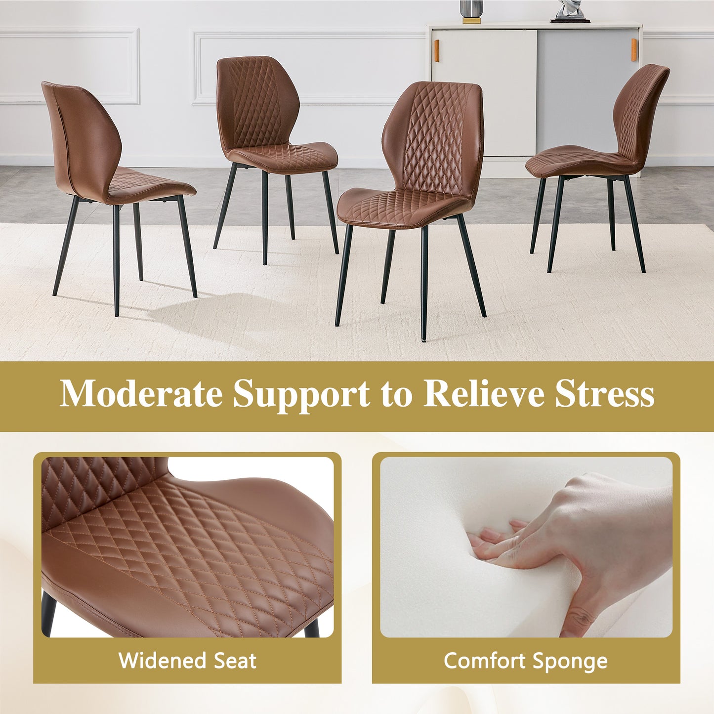 Set Of 4 Modern Light Luxury Brown Diamond-quilted PU Chairs With