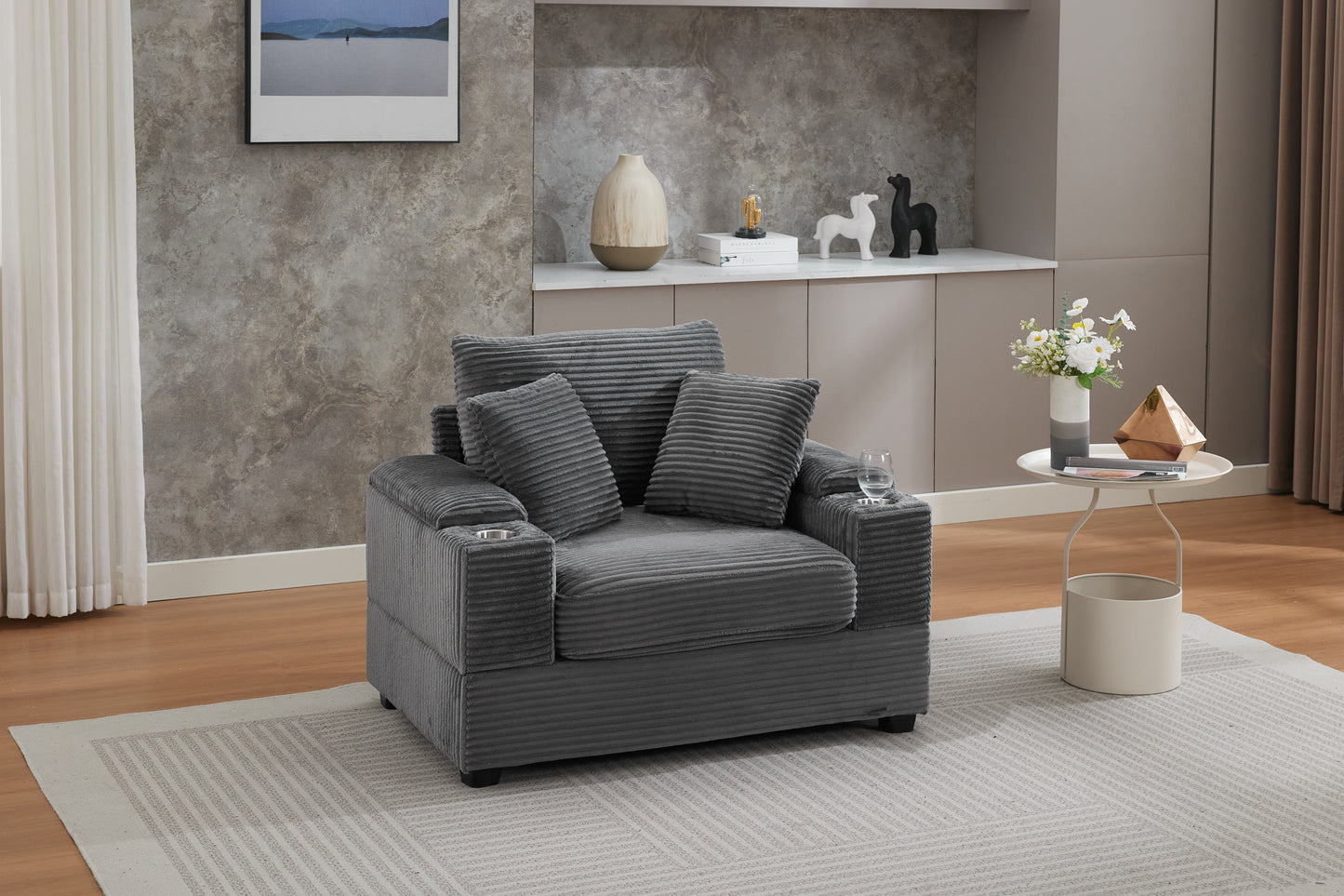 Corduroy Upholstered Chaise Lounge Sofa with Storage & Ottoman - Grey