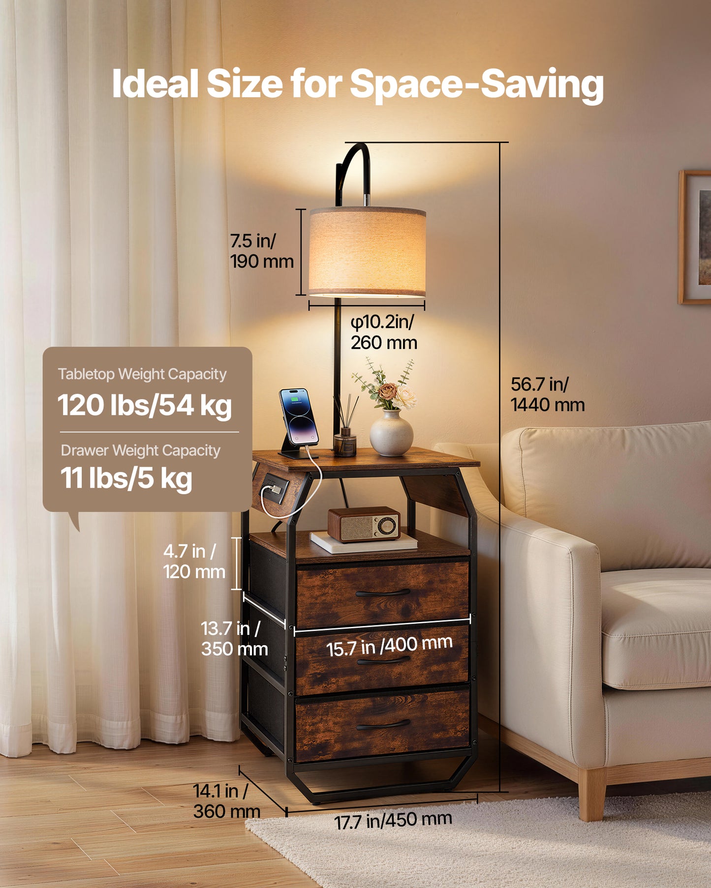 Floor Lamp With Table and 3 Drawers - Modern Bedside Nightstand with USB & USB-C Charging Port